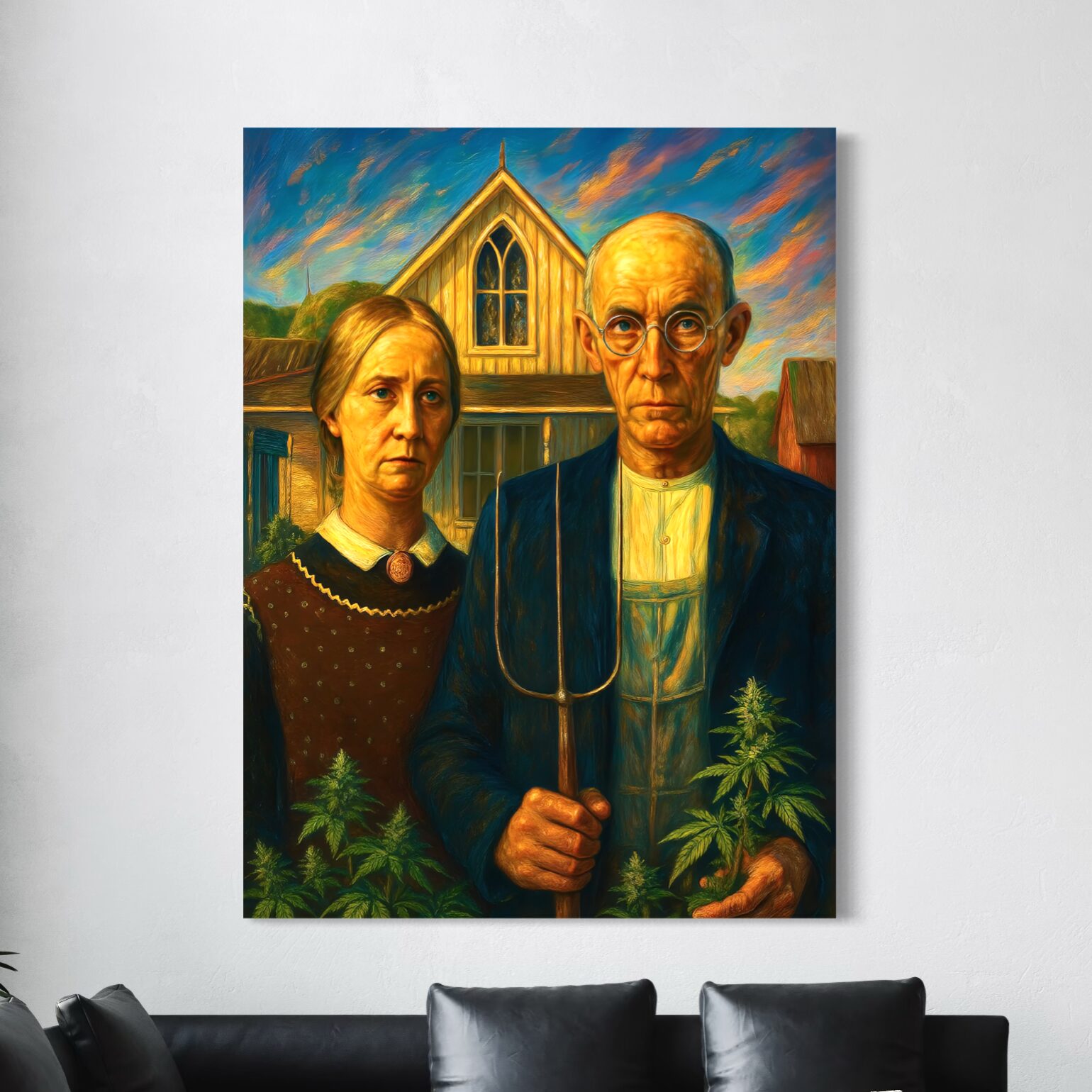 Tableau Tradition Rebelle – Art Classique Réinventé Tableau Tradition Rebelle exposé dans un salon moderne, inspiré d’American Gothic revisité dans une interprétation contemporaine et anticonformiste