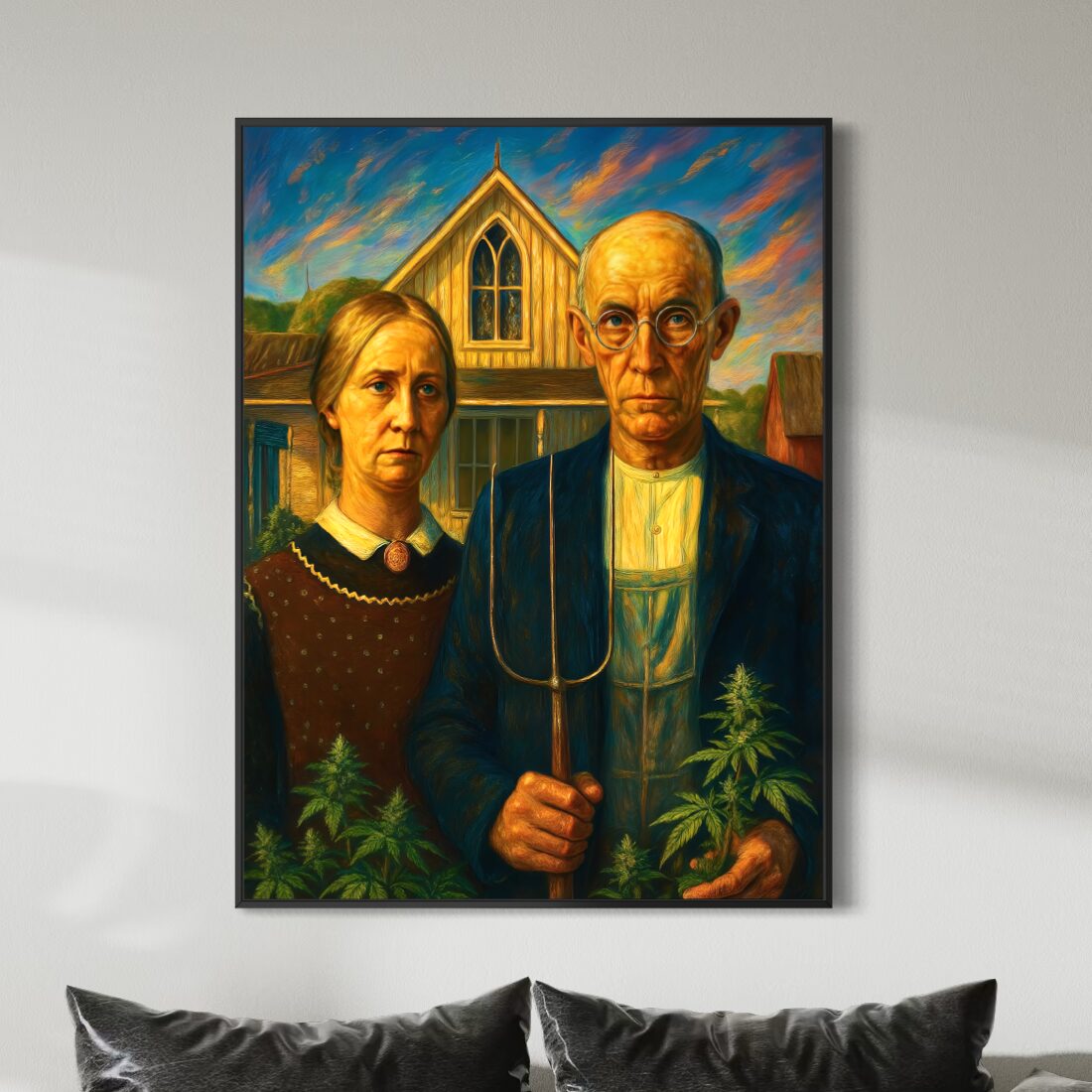 Tableau Tradition Rebelle – Art Classique Réinventé Tableau Tradition Rebelle dans un salon moderne, œuvre inspirée d’American Gothic revisité mêlant art contemporain, liberté et esprit anticonformiste