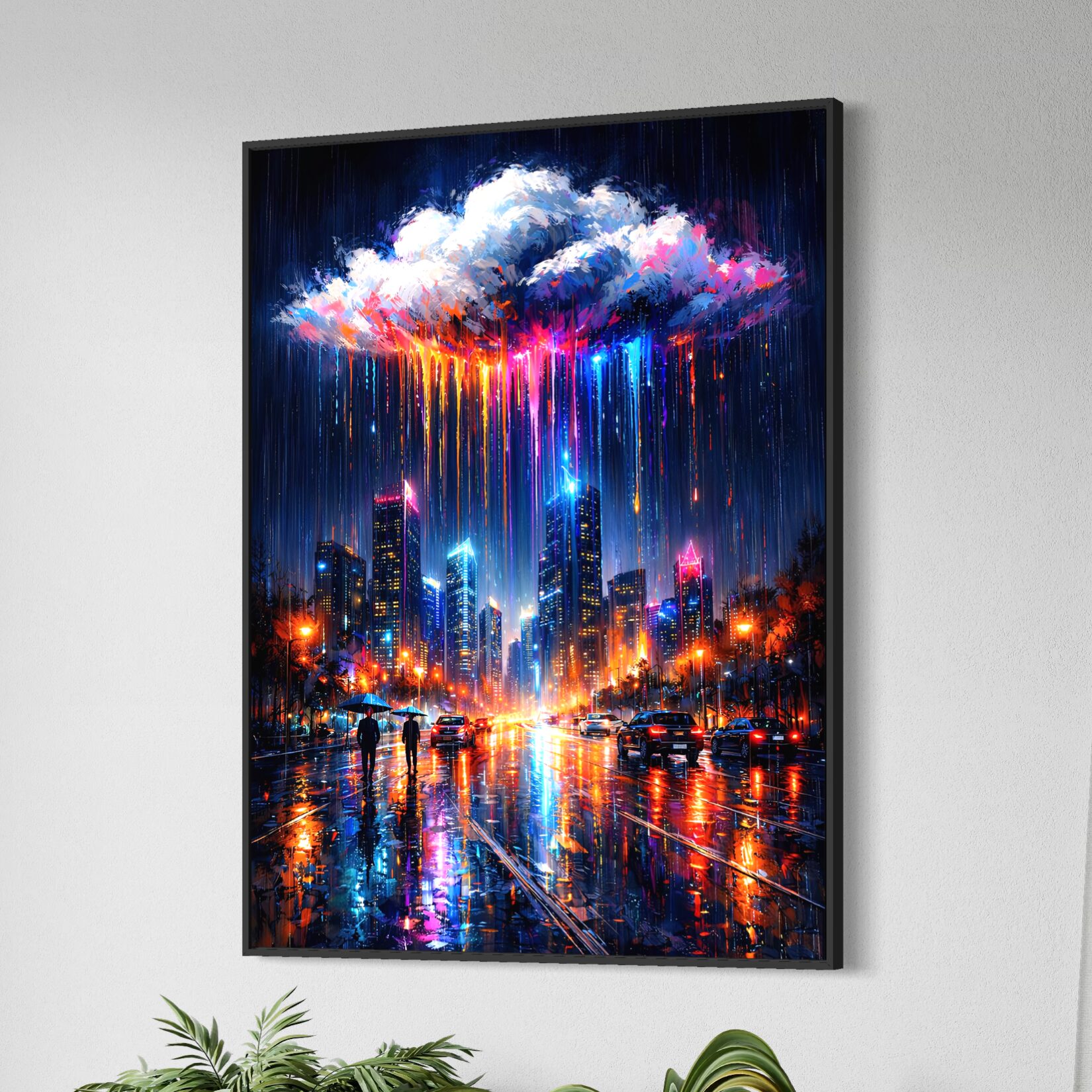 Tableau Ville de Nuit – Nuit Électrique Tableau Nuit Électrique encadré noir représentant une ville moderne de nuit sous la pluie, avec gratte-ciel lumineux, reflets néon colorés et ambiance urbaine contemporaine.