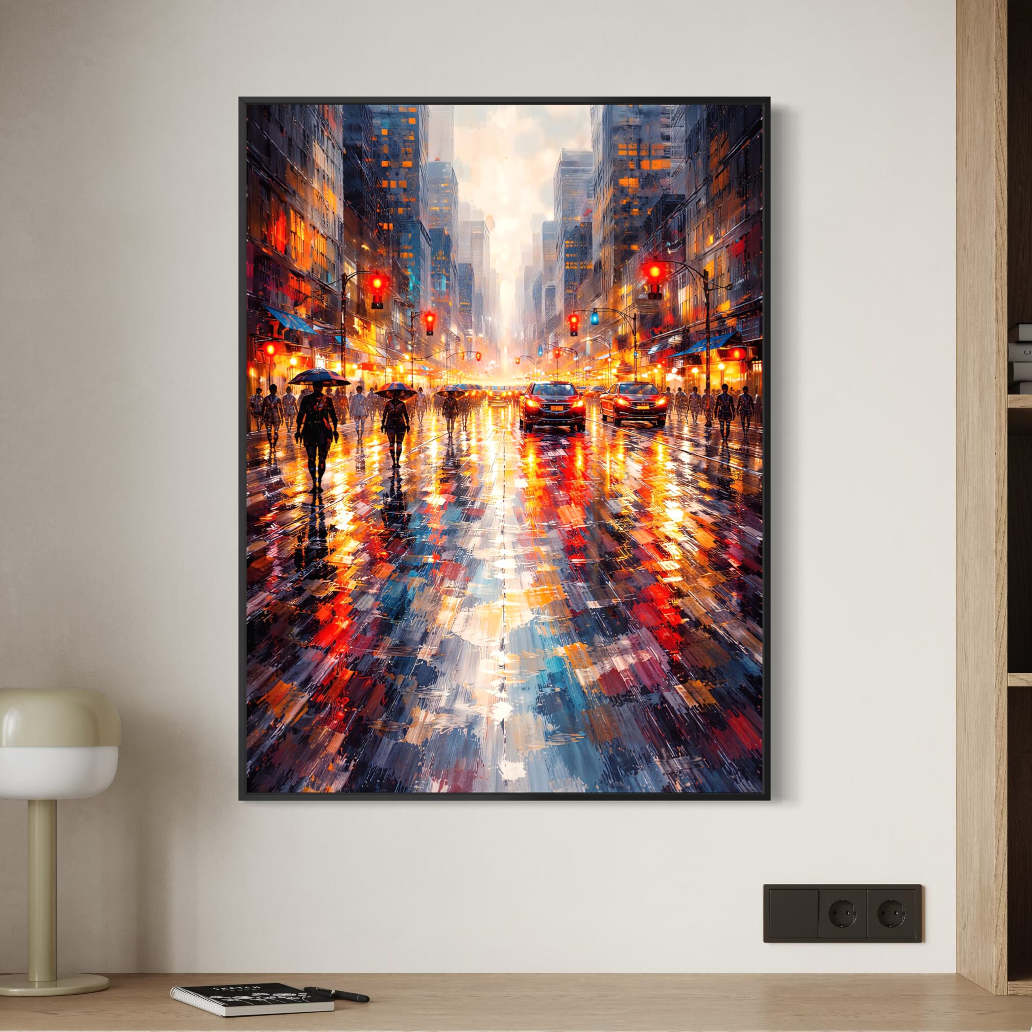 Tableau urbain moderne Lueurs Urbaines en décoration intérieure représentant une avenue de grande ville sous la pluie avec voitures, passants, feux rouges et reflets lumineux colorés.