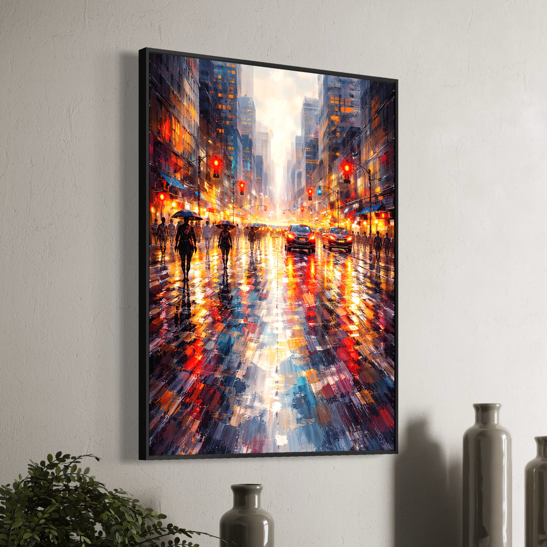 Tableau urbain moderne Lueurs Urbaines encadré noir vu en perspective représentant une avenue de grande ville sous la pluie avec voitures, passants, feux rouges et reflets lumineux.