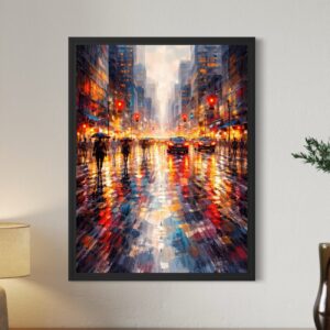 Tableau urbain moderne Lueurs Urbaines encadré noir représentant une avenue de grande ville sous la pluie avec voitures, passants, feux rouges et reflets lumineux.