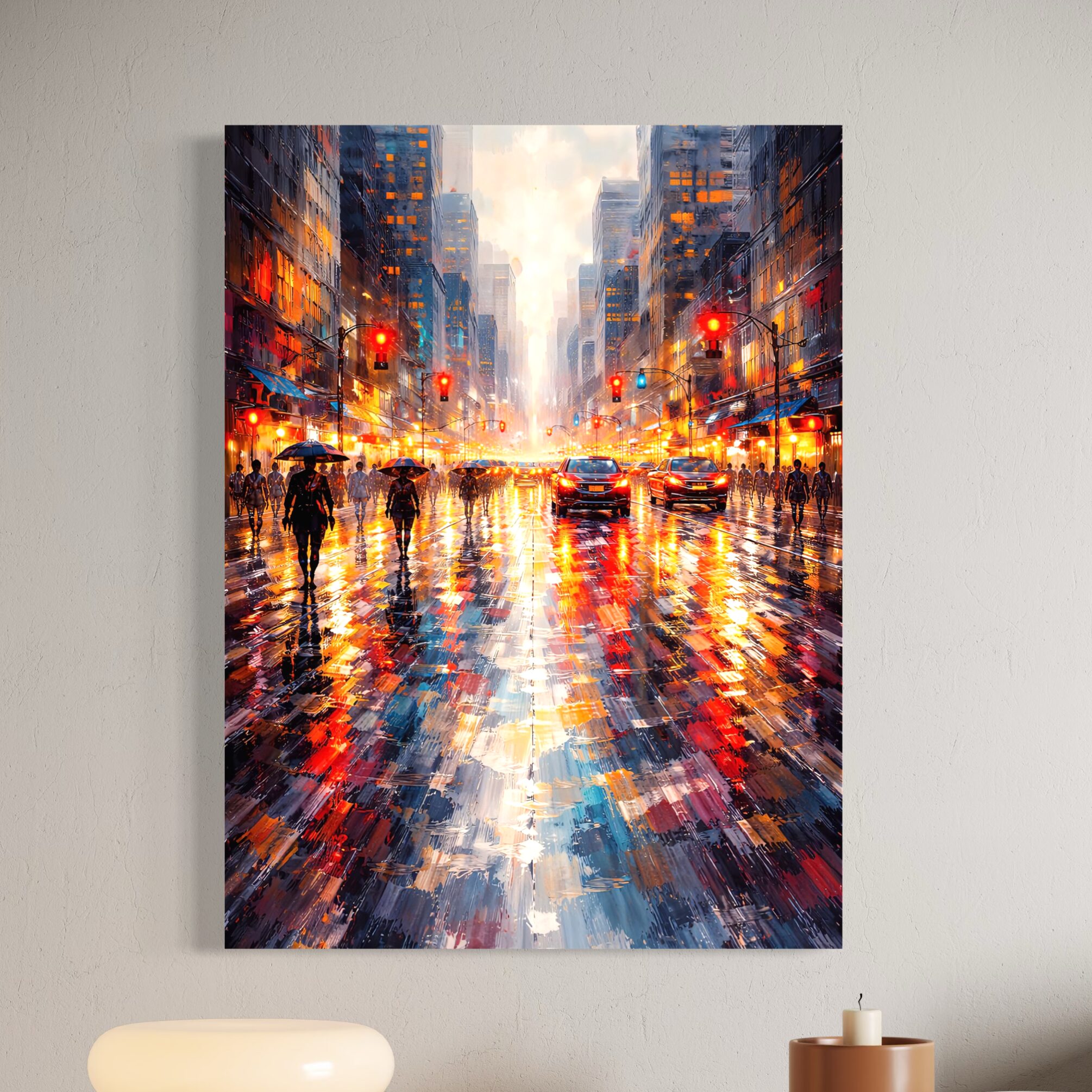 Tableau urbain moderne Lueurs Urbaines sur canvas mural représentant une grande ville sous la pluie avec voitures, passants, feux rouges et reflets lumineux colorés.