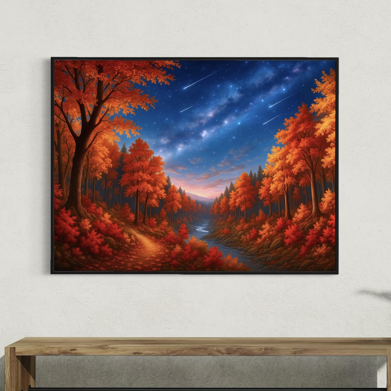 Tableau Vallée Rouge – Paysage Automnal pour Salon Moderne Tableau Vallée Rouge dans une décoration murale moderne avec paysage automnal, forêt rouge flamboyante et ciel étoilé