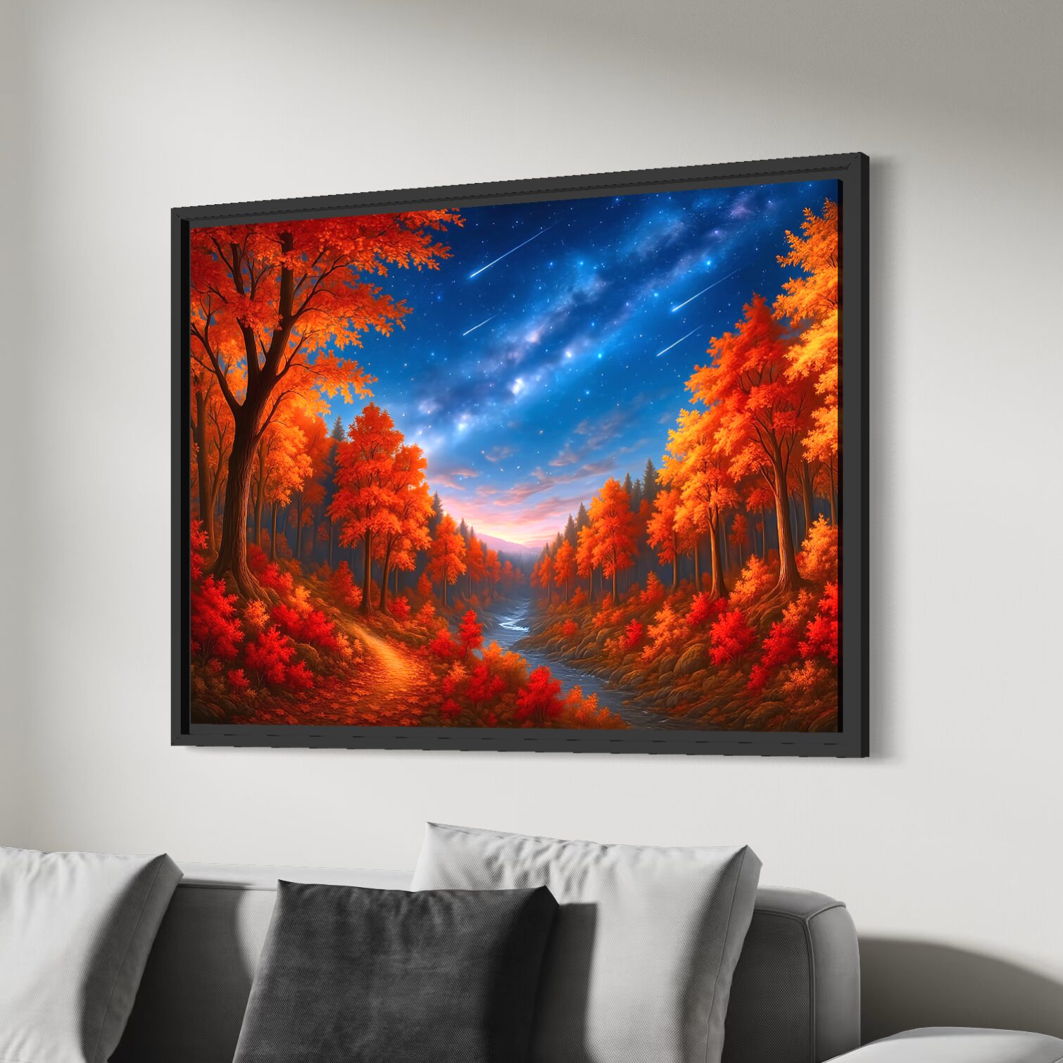 Tableau Vallée Rouge – Paysage Automnal pour Salon Moderne Tableau Vallée Rouge dans une décoration de salon contemporain avec paysage automnal, forêt rouge et ciel étoilé