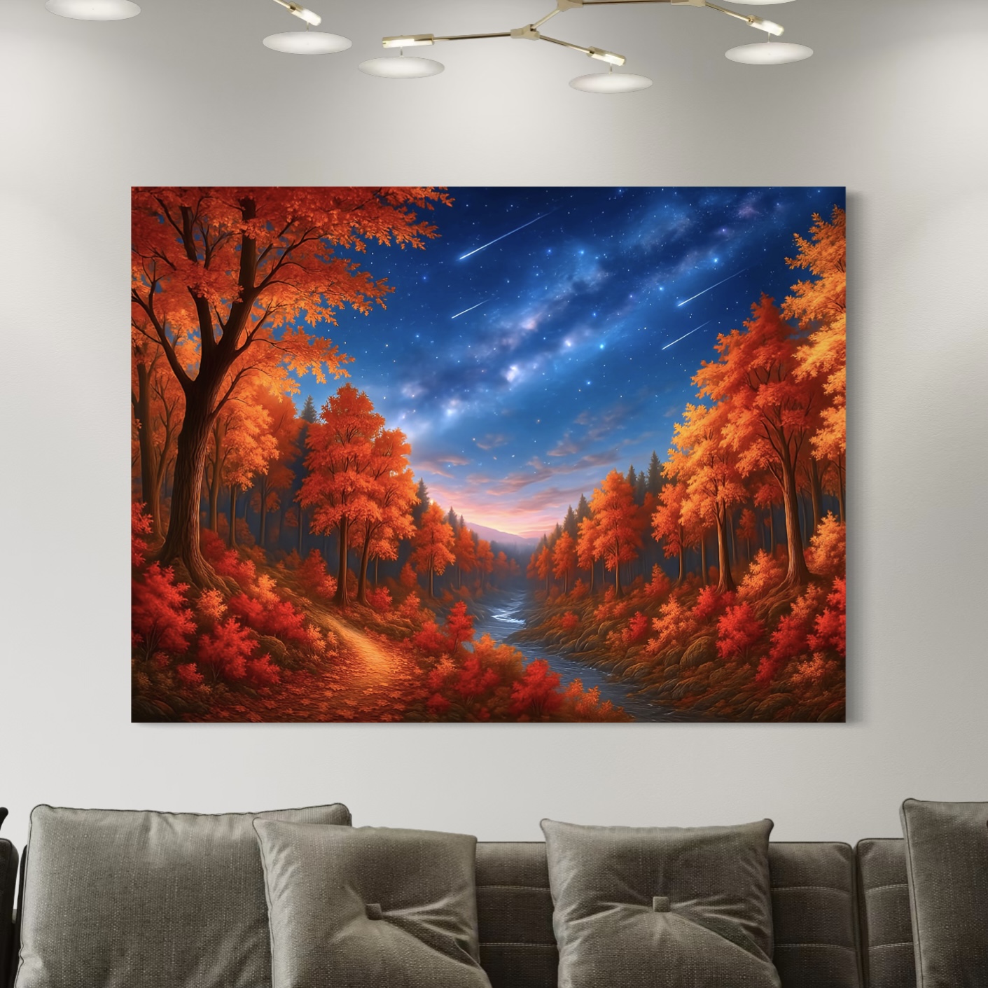Tableau Vallée Rouge – Paysage Automnal pour Salon Moderne Grand tableau Vallée Rouge dans un salon contemporain avec paysage automnal, forêt rouge flamboyante et ciel étoilé
