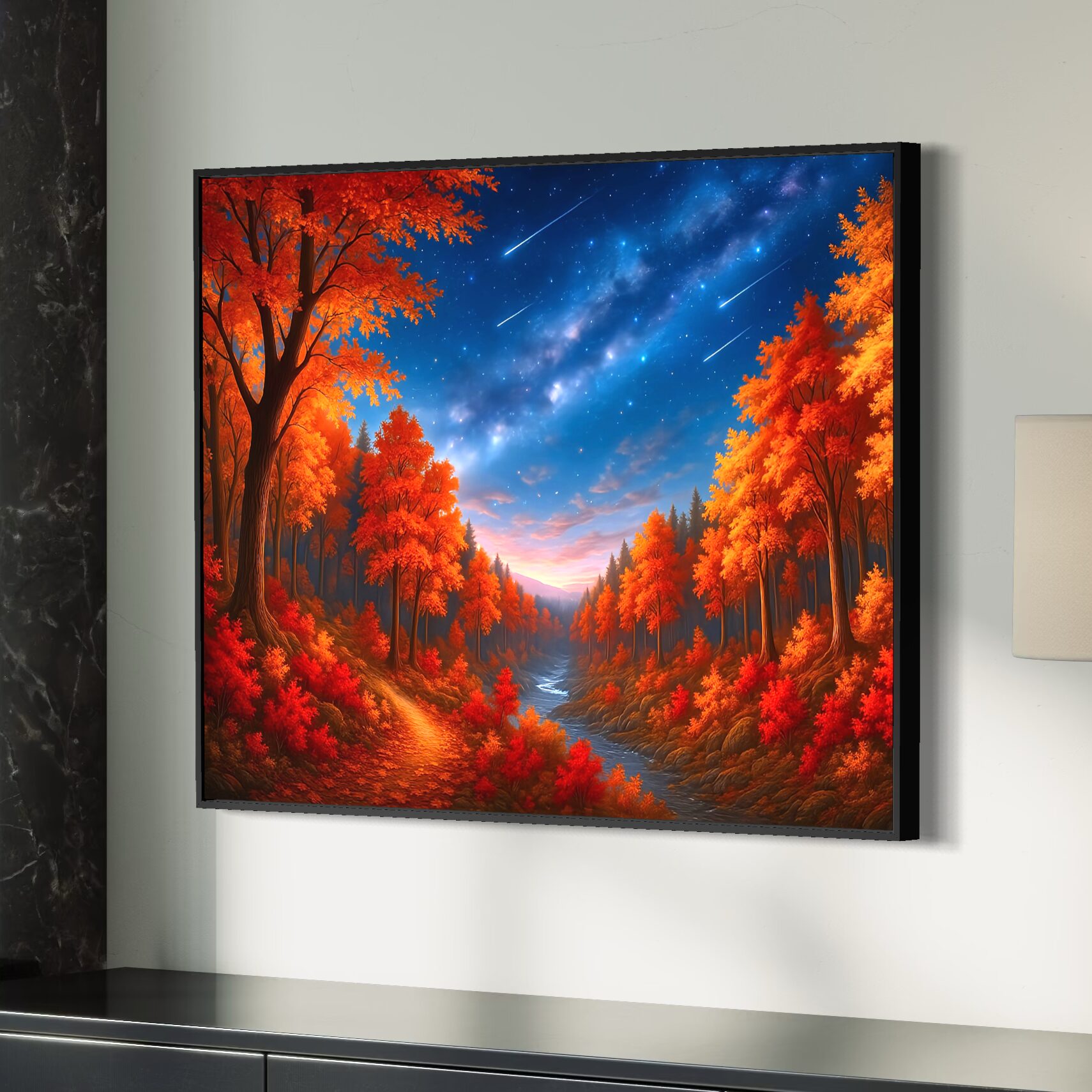Tableau Vallée Rouge – Paysage Automnal pour Salon Moderne Tableau Vallée Rouge dans un salon design avec paysage automnal, forêt rouge flamboyante, rivière et ciel étoilé