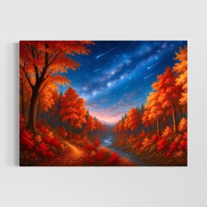 Tableau Vallée Rouge dans un salon moderne avec paysage automnal, forêt rouge flamboyante et ciel étoilé