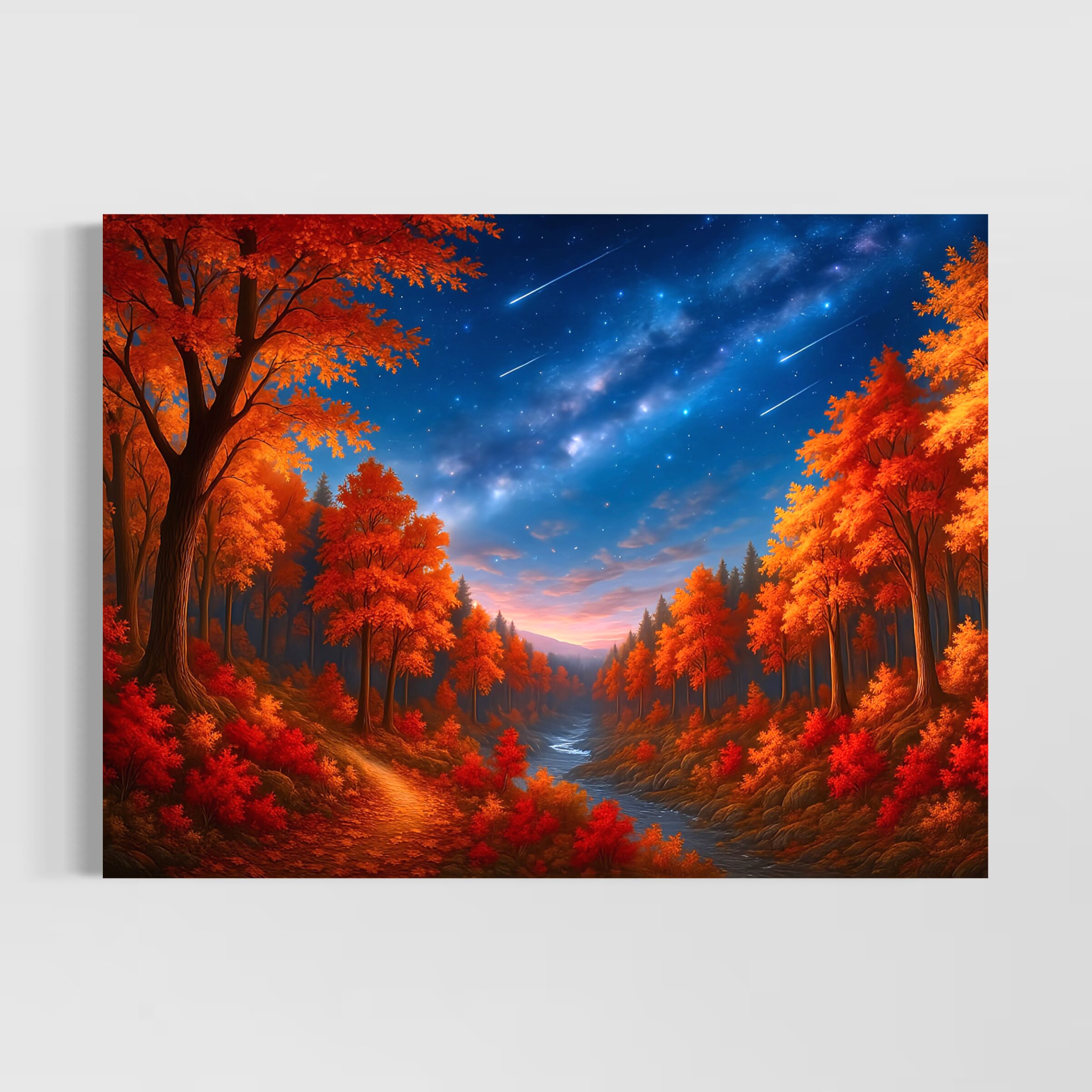 Tableau Vallée Rouge – Paysage Automnal pour Salon Moderne Tableau Vallée Rouge dans un salon moderne avec paysage automnal, forêt rouge flamboyante et ciel étoilé