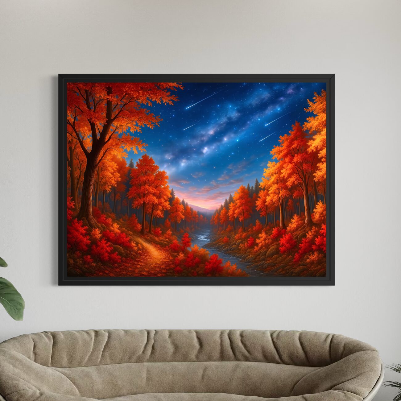 Tableau Vallée Rouge – Paysage Automnal pour Salon Moderne Tableau Vallée Rouge accroché dans un salon moderne avec paysage automnal, forêt rouge flamboyante et ciel étoilé lumineux