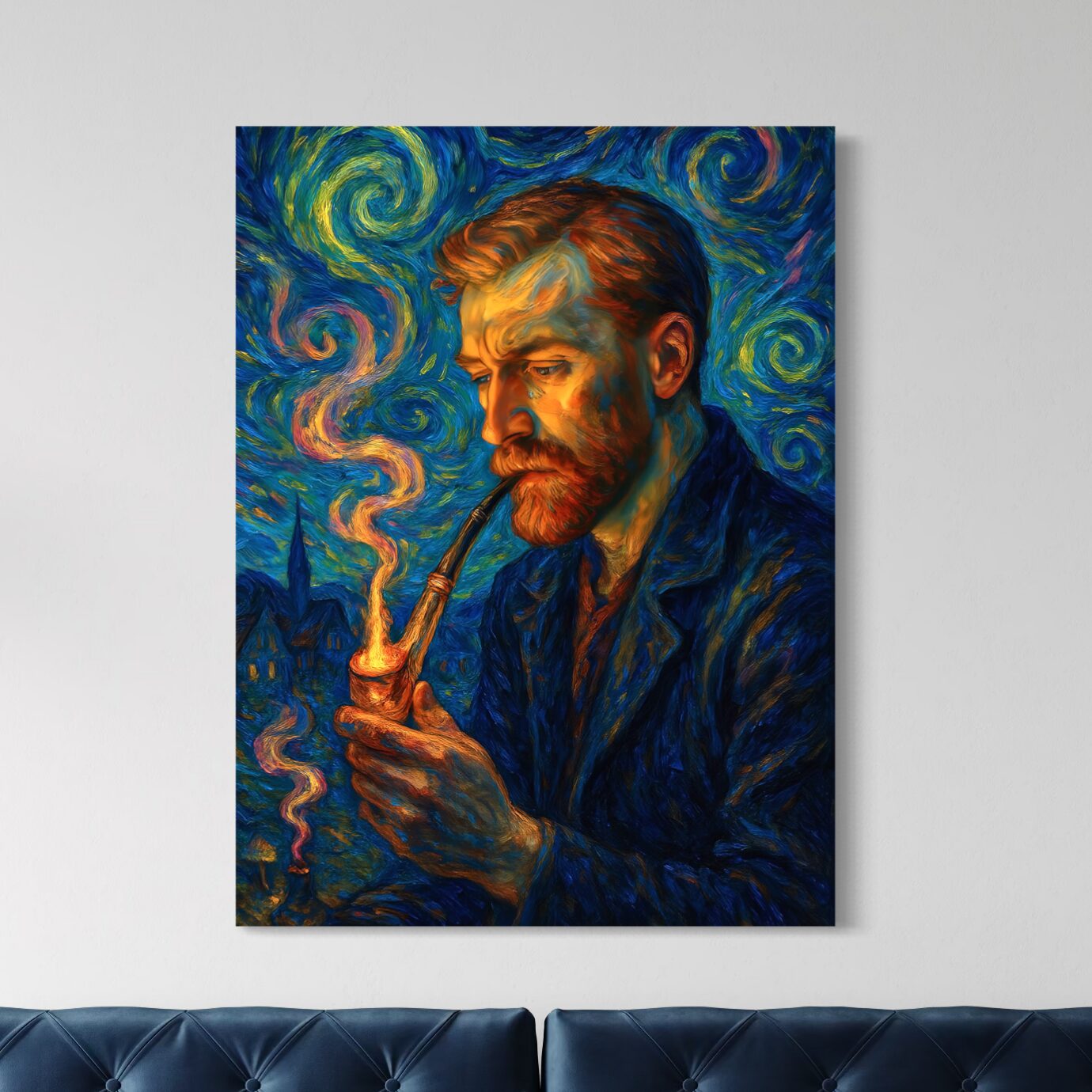 Tableau Nuits Intérieures – Portrait Expressionniste Inspiré des Nuits Étoilées | SPEKTRA Tableau inspiré de Vincent van Gogh représentant un portrait méditatif dans un univers de nuit étoilée aux tourbillons lumineux et couleurs expressionnistes