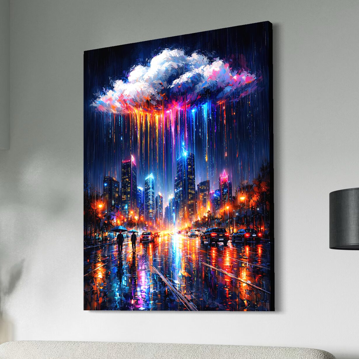 Tableau Ville de Nuit – Nuit Électrique Tableau Nuit Électrique représentant une ville moderne de nuit sous la pluie avec gratte-ciel lumineux, reflets néon colorés, route mouillée et ambiance urbaine contemporaine.