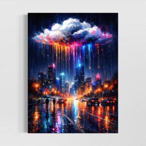 Tableau Nuit Électrique représentant une ville moderne de nuit sous la pluie, avec gratte-ciel lumineux, reflets néon colorés, nuage spectaculaire et atmosphère urbaine contemporaine.
