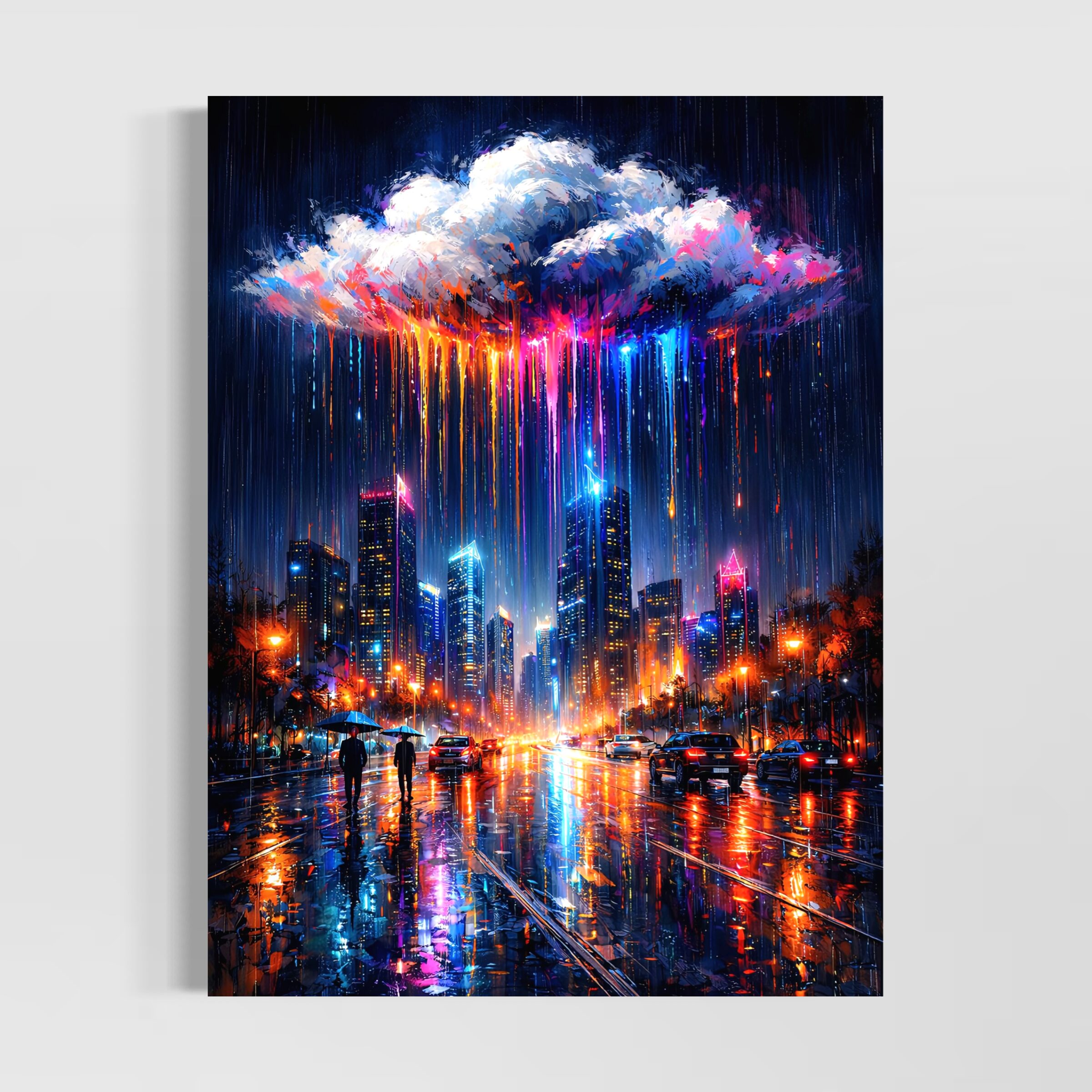 Tableau Ville de Nuit – Nuit Électrique Tableau Nuit Électrique représentant une ville moderne de nuit sous la pluie, avec gratte-ciel lumineux, reflets néon colorés, nuage spectaculaire et atmosphère urbaine contemporaine.