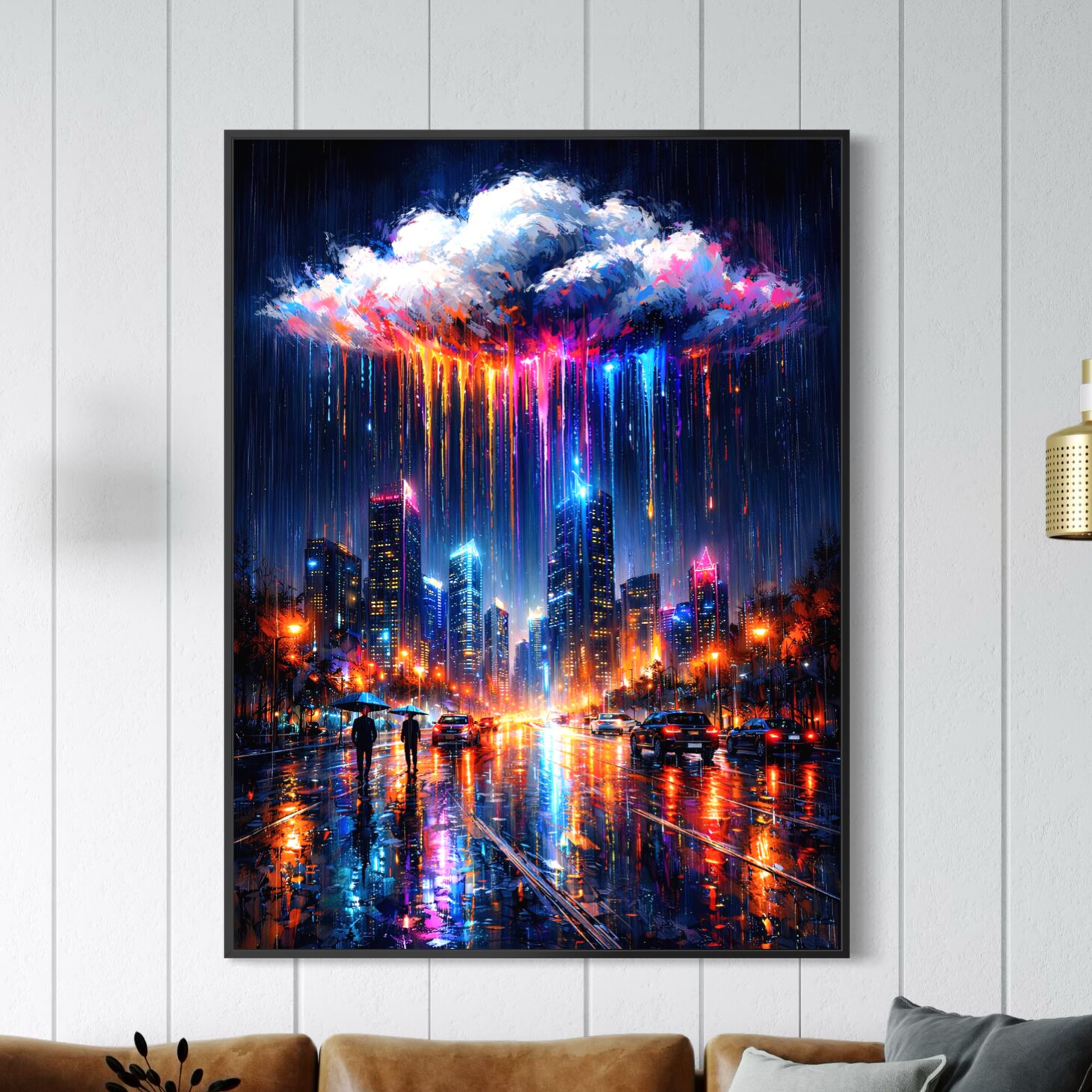Tableau Ville de Nuit – Nuit Électrique Tableau Nuit Électrique encadré noir représentant une ville moderne de nuit sous la pluie, avec skyline lumineuse, reflets néon colorés et ambiance urbaine contemporaine.