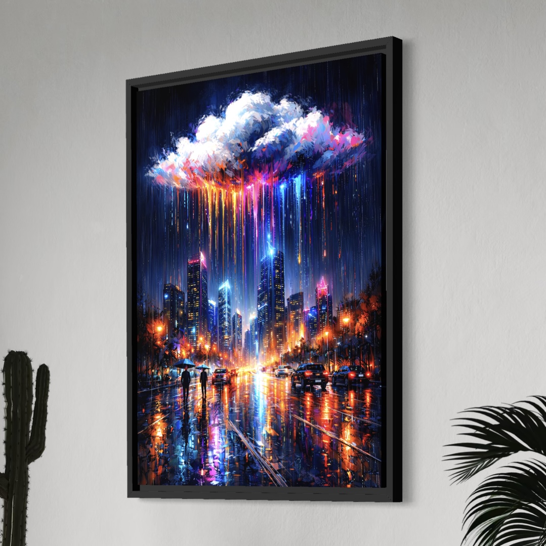 Tableau Ville de Nuit – Nuit Électrique Vue latérale du tableau Nuit Électrique encadré noir représentant une ville moderne de nuit sous la pluie, avec skyline lumineuse, reflets néon colorés et ambiance urbaine contemporaine.