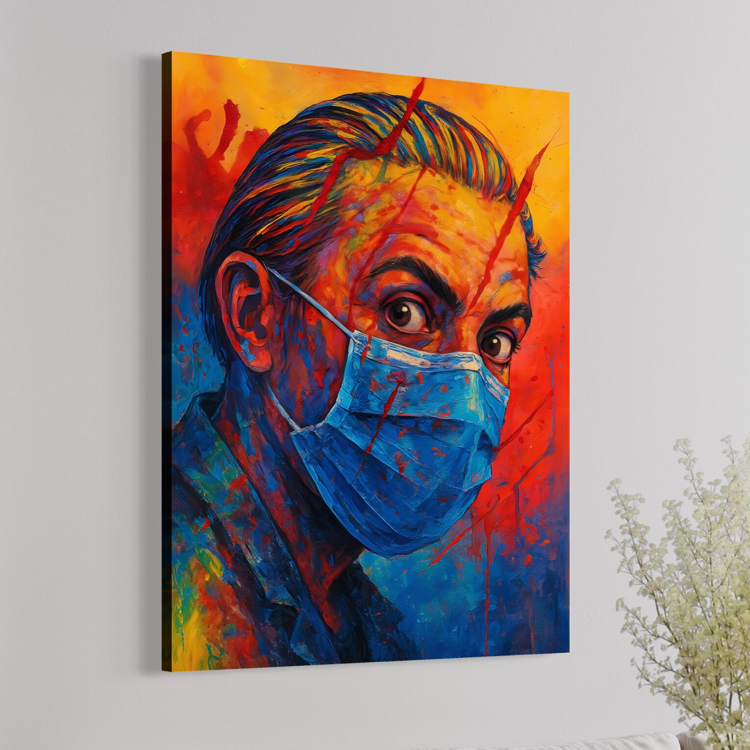 Visage d'une Époque – Tableau Portrait Contemporain | SPEKTRA Tableau Visage d'une Époque vu en perspective représentant un portrait contemporain coloré avec masque médical et regard intense