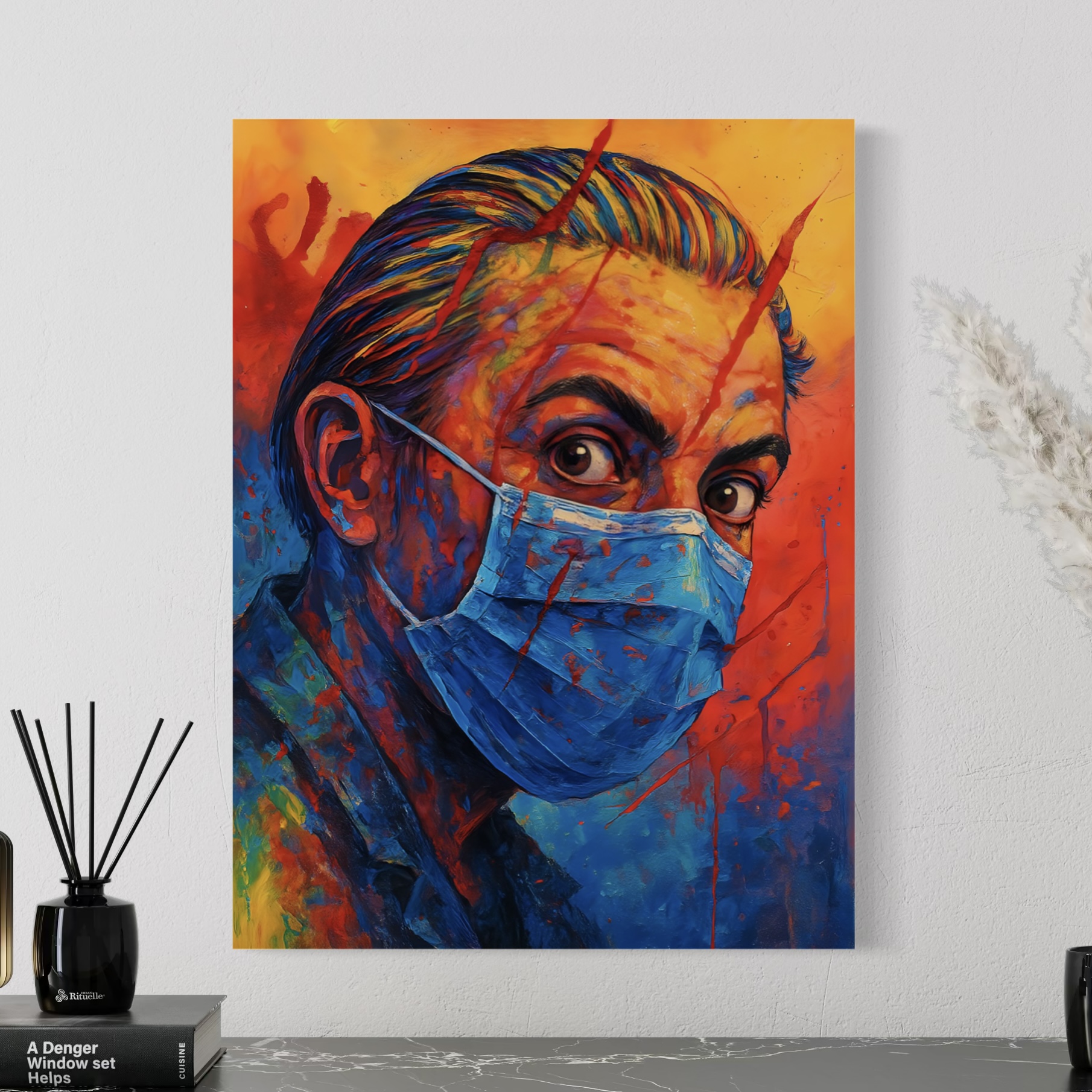 Visage d'une Époque – Tableau Portrait Contemporain | SPEKTRA Tableau Visage d'une Époque représentant un portrait contemporain coloré avec masque médical dans une décoration intérieure moderne