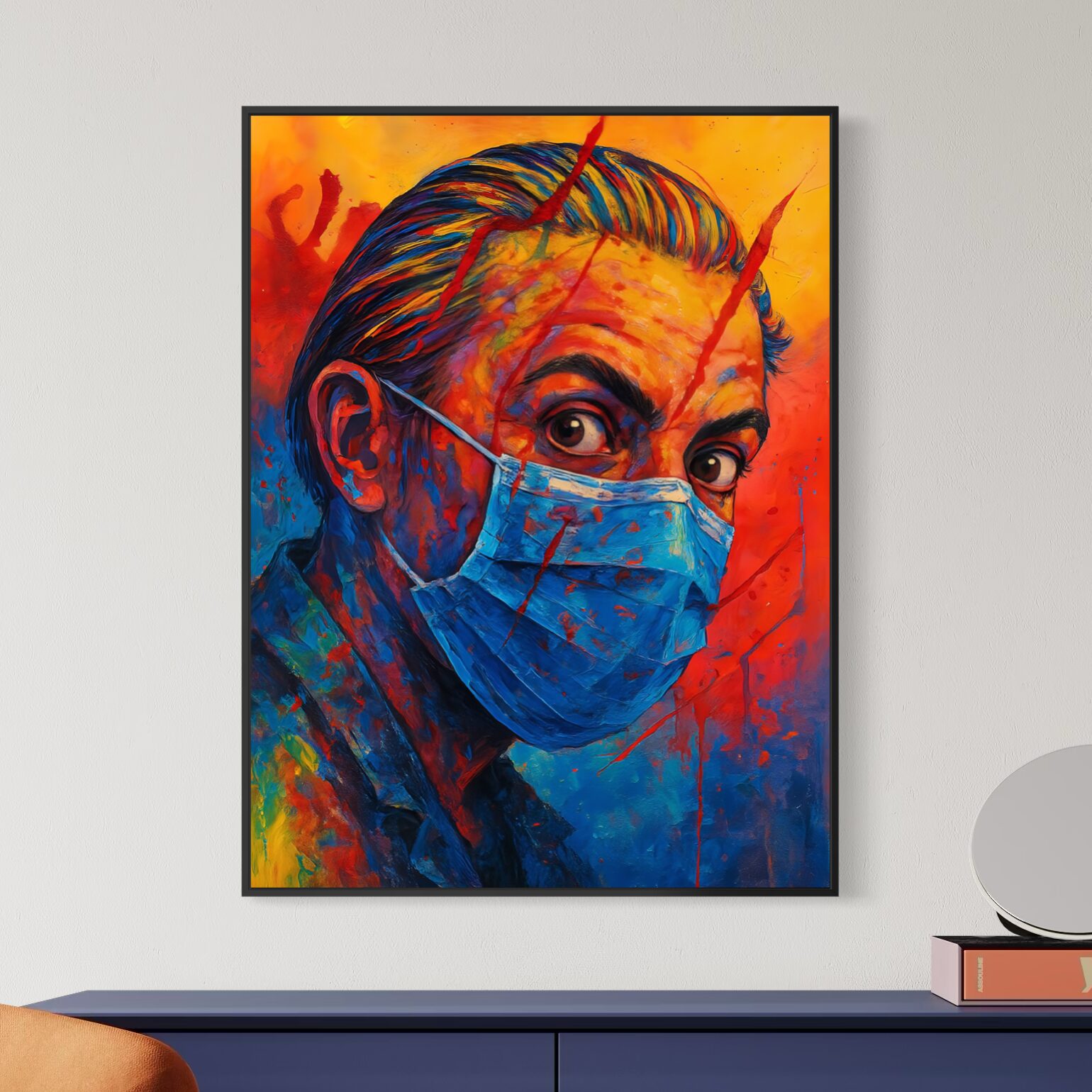 Visage d'une Époque – Tableau Portrait Contemporain | SPEKTRA Tableau Visage d'une Époque encadré représentant un portrait contemporain coloré avec masque médical dans un intérieur design moderne