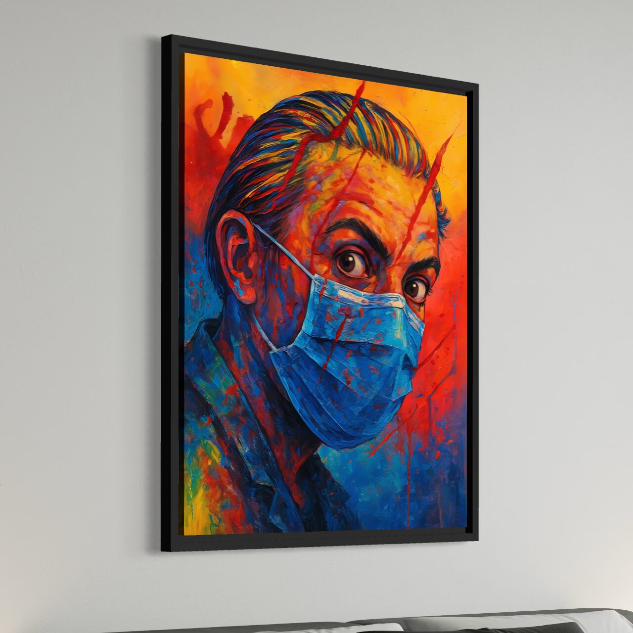 Visage d'une Époque – Tableau Portrait Contemporain | SPEKTRA Tableau encadré Visage d'une Époque représentant un portrait contemporain coloré avec masque médical dans une décoration murale moderne