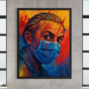 Tableau Visage d'une Époque encadré représentant un portrait contemporain coloré avec masque médical dans un intérieur de style industriel