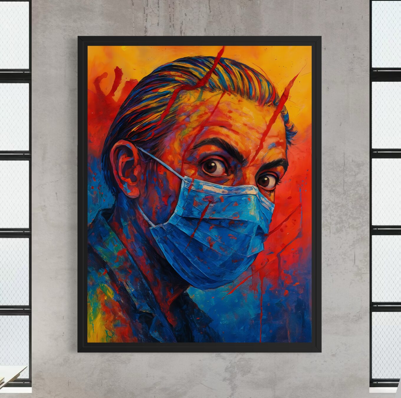 Visage d'une Époque – Tableau Portrait Contemporain | SPEKTRA Tableau Visage d'une Époque encadré représentant un portrait contemporain coloré avec masque médical dans un intérieur de style industriel