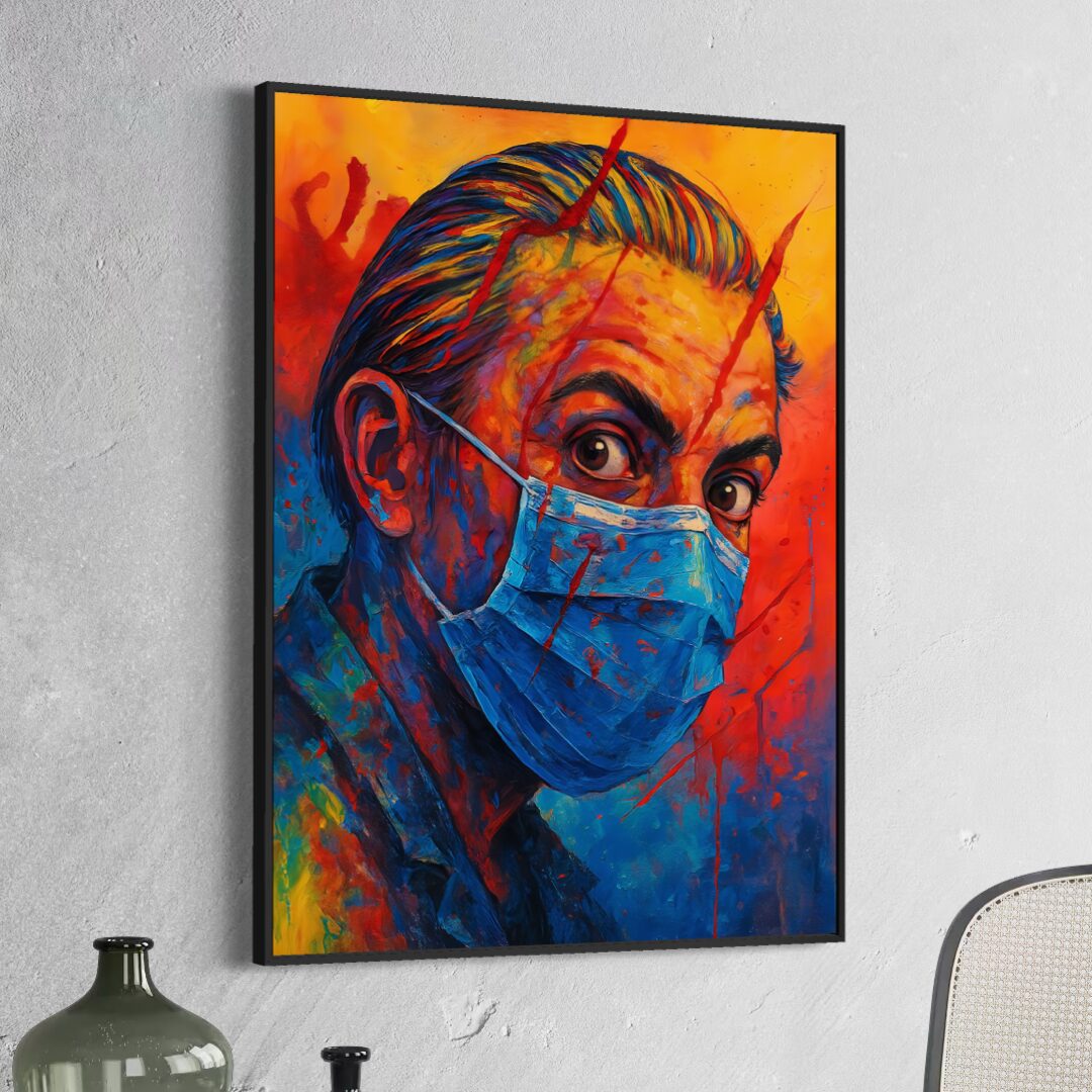 Visage d'une Époque – Tableau Portrait Contemporain | SPEKTRA Tableau Visage d'une Époque encadré représentant un portrait contemporain coloré avec masque médical dans un intérieur moderne