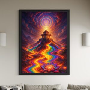 Tableau Voie Sacrée encadré en noir, représentant un temple au sommet d’une montagne, un chemin lumineux multicolore et des fleurs de lotus.