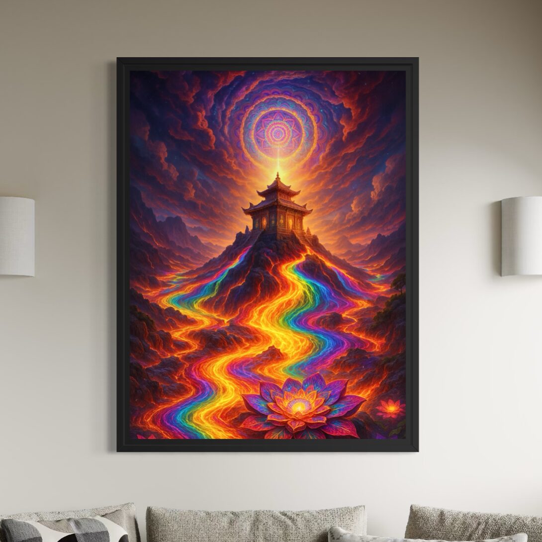 Tableau Voie Sacrée – Temple et Chemin Lumineux Tableau Voie Sacrée encadré en noir, représentant un temple au sommet d’une montagne, un chemin lumineux multicolore et des fleurs de lotus.