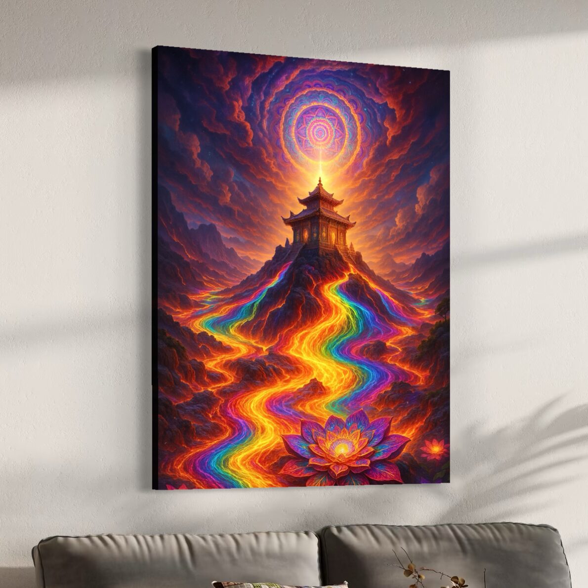 Tableau Voie Sacrée – Temple et Chemin Lumineux Tableau Voie Sacrée installé au-dessus d’un canapé gris, représentant un temple au sommet d’une montagne, un chemin lumineux multicolore et une fleur de lotus.