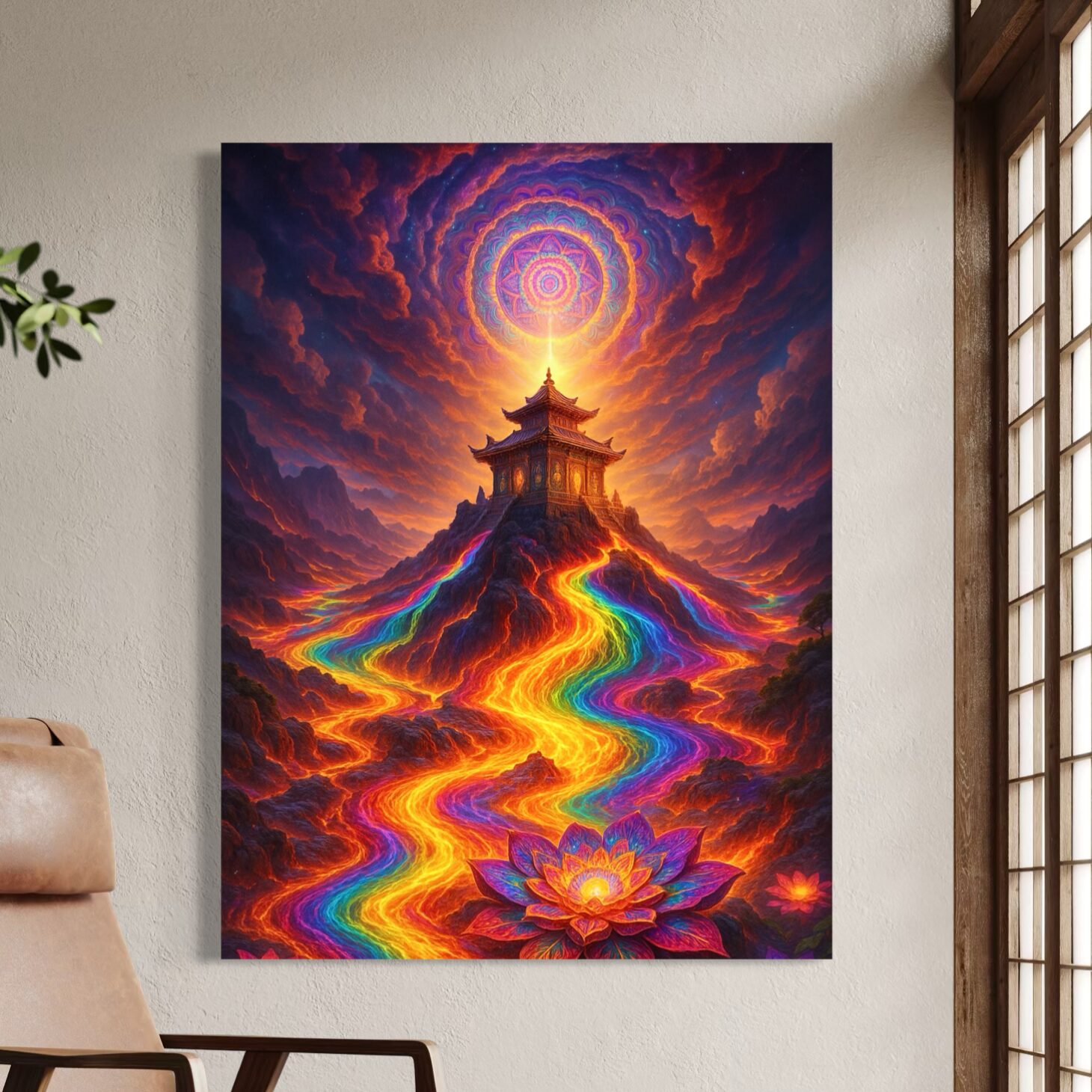 Tableau Voie Sacrée – Temple et Chemin Lumineux Tableau Voie Sacrée installé dans un intérieur zen avec fauteuil, représentant un temple au sommet d’une montagne, un chemin lumineux multicolore et une fleur de lotus.