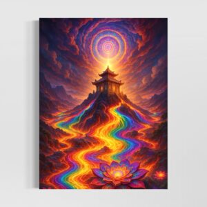 Tableau Voie Sacrée représentant un temple au sommet d’une montagne, traversé par un chemin lumineux multicolore et entouré de fleurs de lotus.