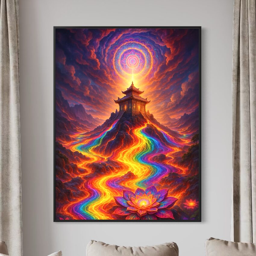 Tableau Voie Sacrée – Temple et Chemin Lumineux Tableau Voie Sacrée installé entre deux rideaux, représentant un temple au sommet d’une montagne, un chemin lumineux multicolore et des fleurs de lotus.