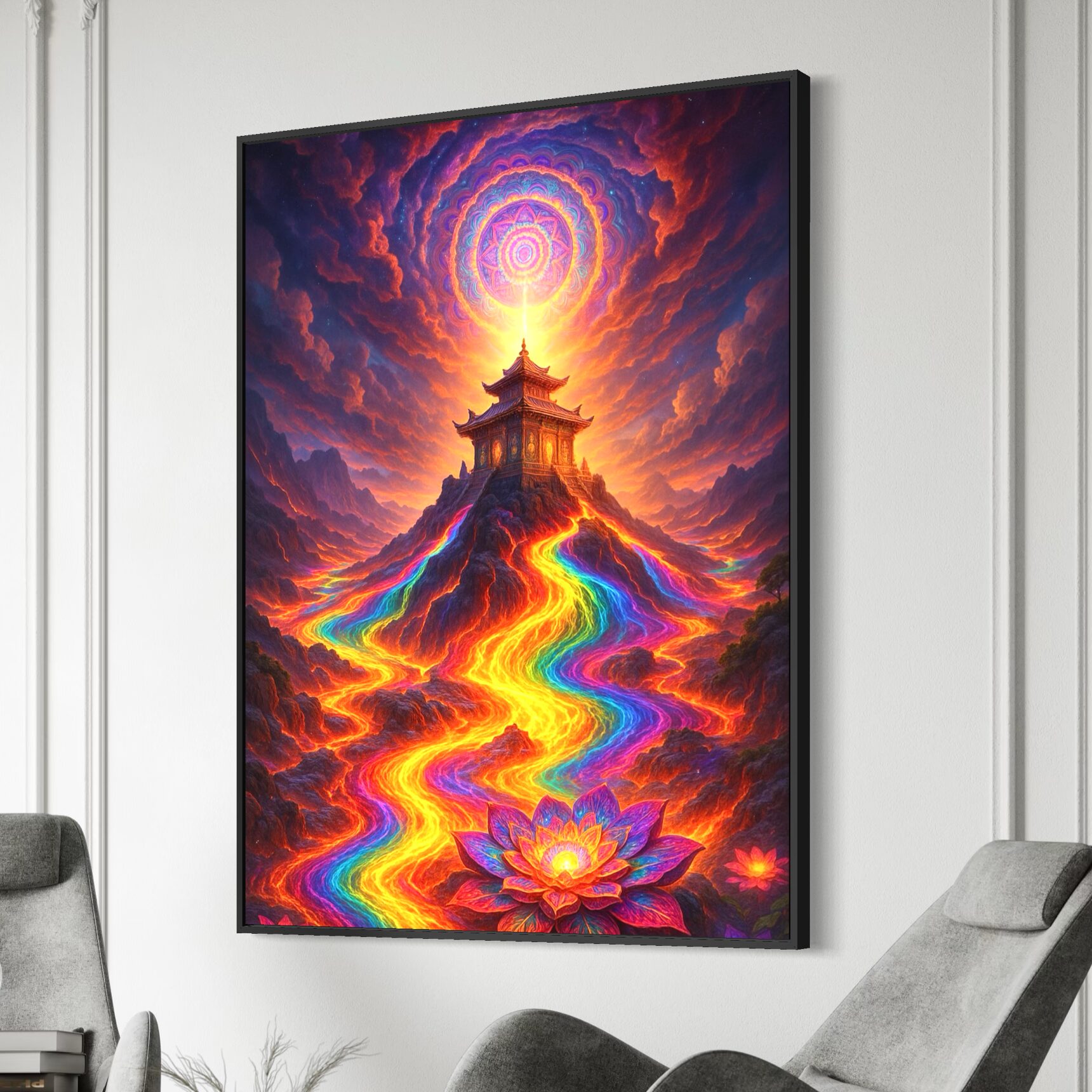 Tableau Voie Sacrée – Temple et Chemin Lumineux Tableau Voie Sacrée installé dans un salon avec fauteuils gris, représentant un temple au sommet d’une montagne, un chemin lumineux multicolore et une fleur de lotus.