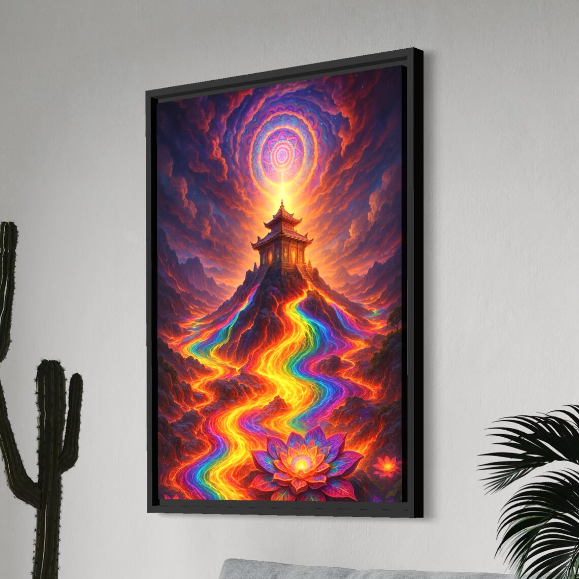 Tableau Voie Sacrée – Temple et Chemin Lumineux Tableau Voie Sacrée en vue latérale avec cactus, représentant un temple au sommet d’une montagne, un chemin lumineux multicolore et des fleurs de lotus.