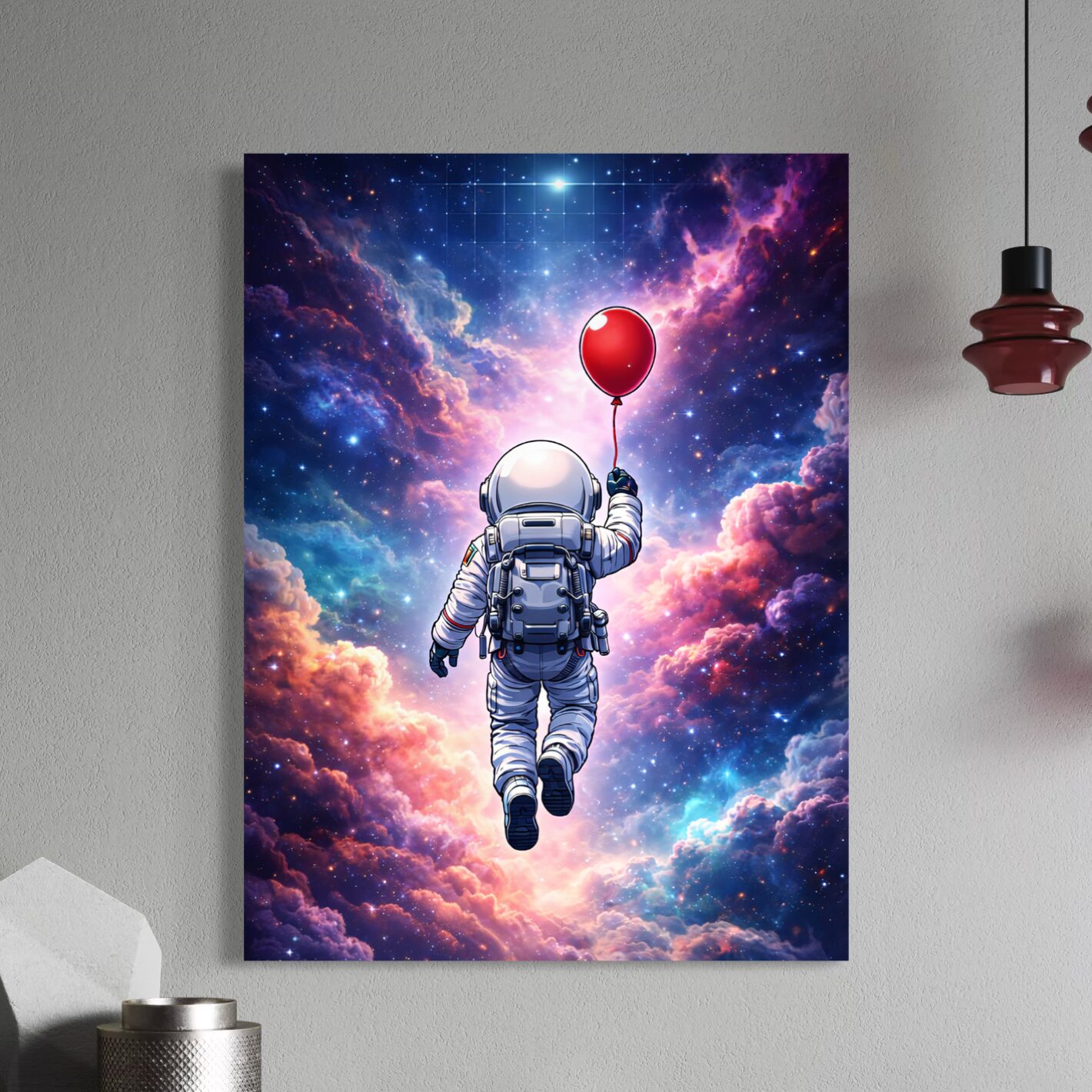 Tableau Hors du Monde – Astronaute et Ballon Rouge dans l’Espace Toile murale Hors du Monde représentant un astronaute flottant dans l’espace avec un ballon rouge, entouré d’une galaxie lumineuse, de nébuleuses colorées et d’étoiles.