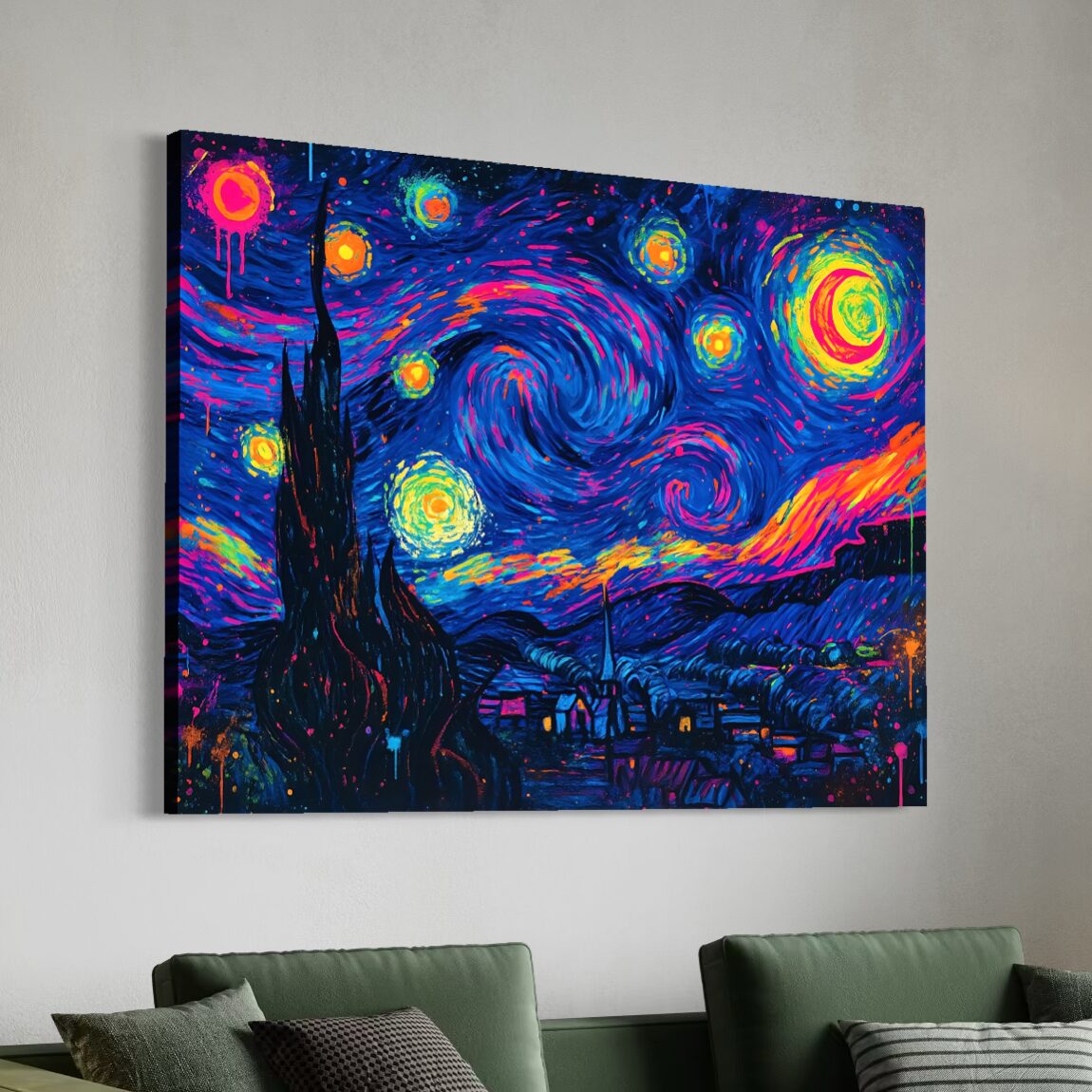 Tableau L'Écho des Étoiles – Nuit Étoilée Moderne Colorée | SPEKTRA Toile canvas L'Écho des Étoiles inspirée de La Nuit Étoilée de Van Gogh avec impression sur bords et couleurs néon éclatantes.