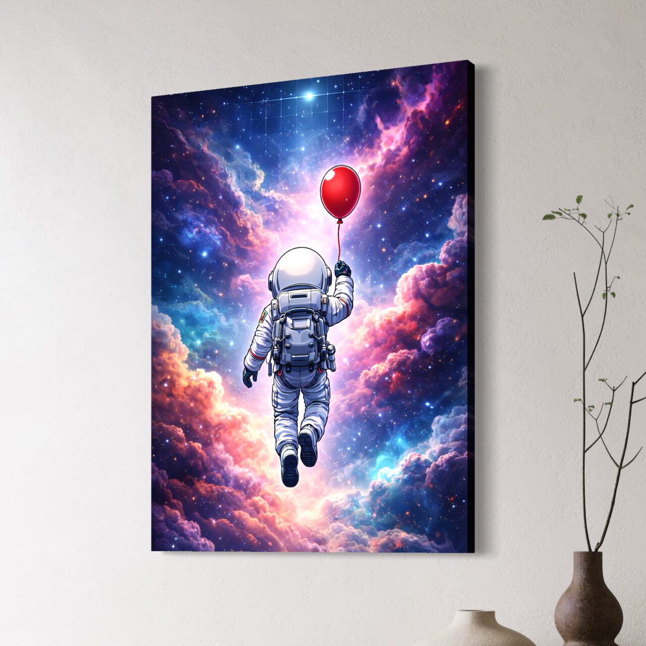 Tableau Hors du Monde – Astronaute et Ballon Rouge dans l’Espace Vue latérale du tableau Hors du Monde représentant un astronaute dans l’espace avec un ballon rouge, entouré d’une galaxie lumineuse, de nébuleuses colorées et d’étoiles.