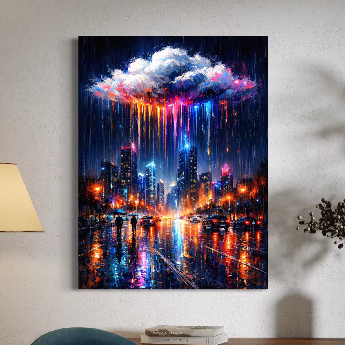 Tableau Ville de Nuit – Nuit Électrique Toile murale Nuit Électrique représentant une ville de nuit sous la pluie avec reflets néon colorés, gratte-ciel lumineux, nuage spectaculaire et ambiance urbaine contemporaine.
