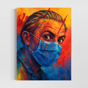 Tableau Visage d'une Époque représentant un portrait contemporain coloré avec masque médical et regard intense dans un style expressionniste