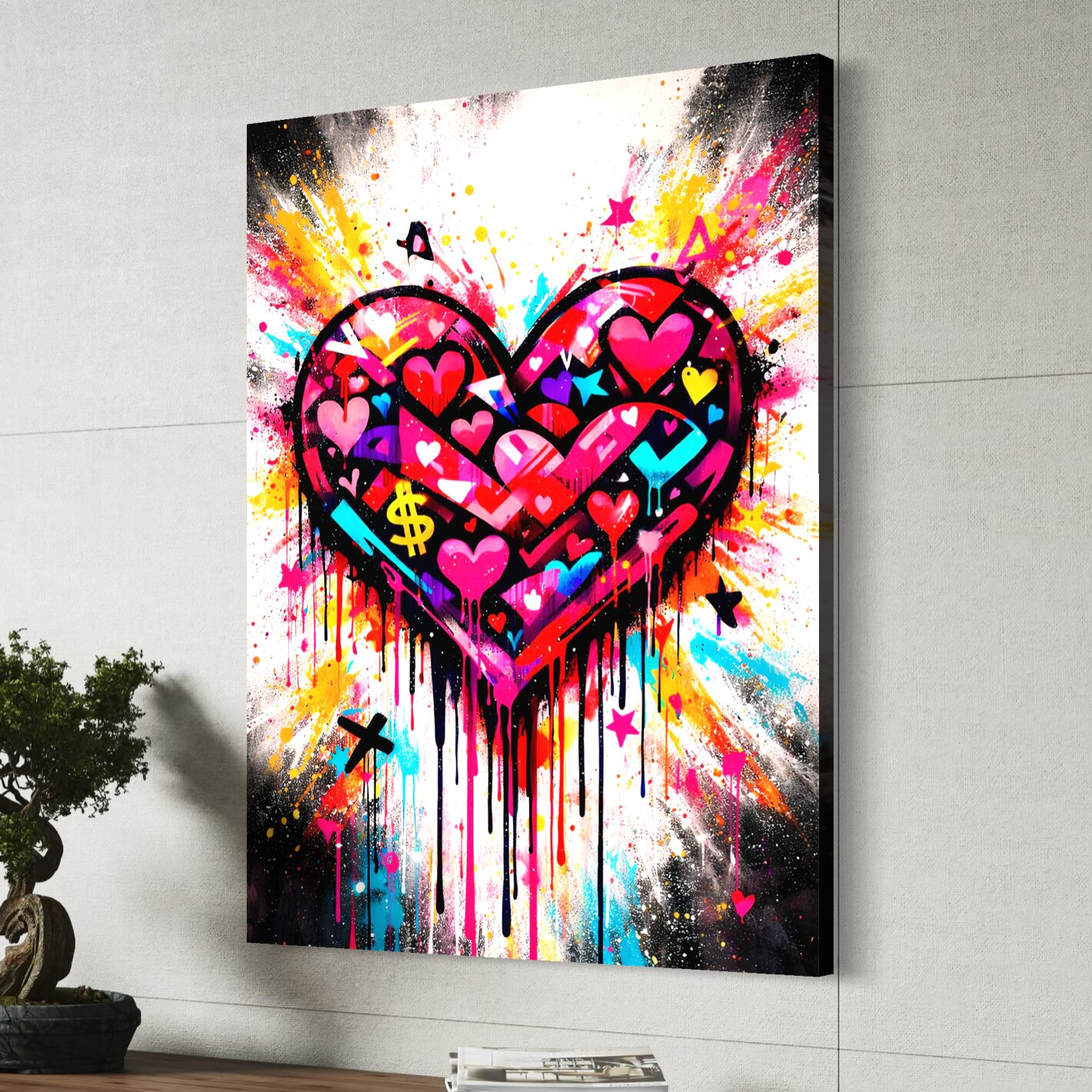 Vue latérale du canvas mural Cœur Rebelle représentant un grand cœur graffiti coloré avec coulures de peinture, symboles pop et éclats street art sur une toile contemporaine.