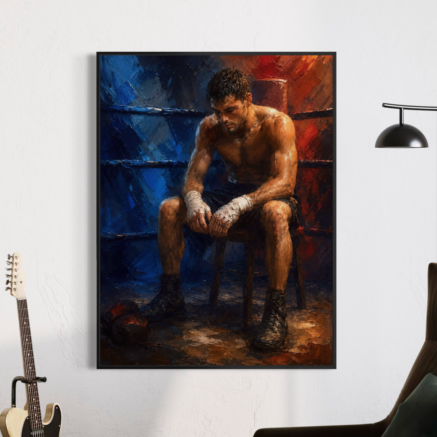 Tableau boxeur moderne – Encore Debout, art mural sport et motivation Tableau Encore Debout représentant un boxeur assis dans un ring, exposé dans un intérieur moderne