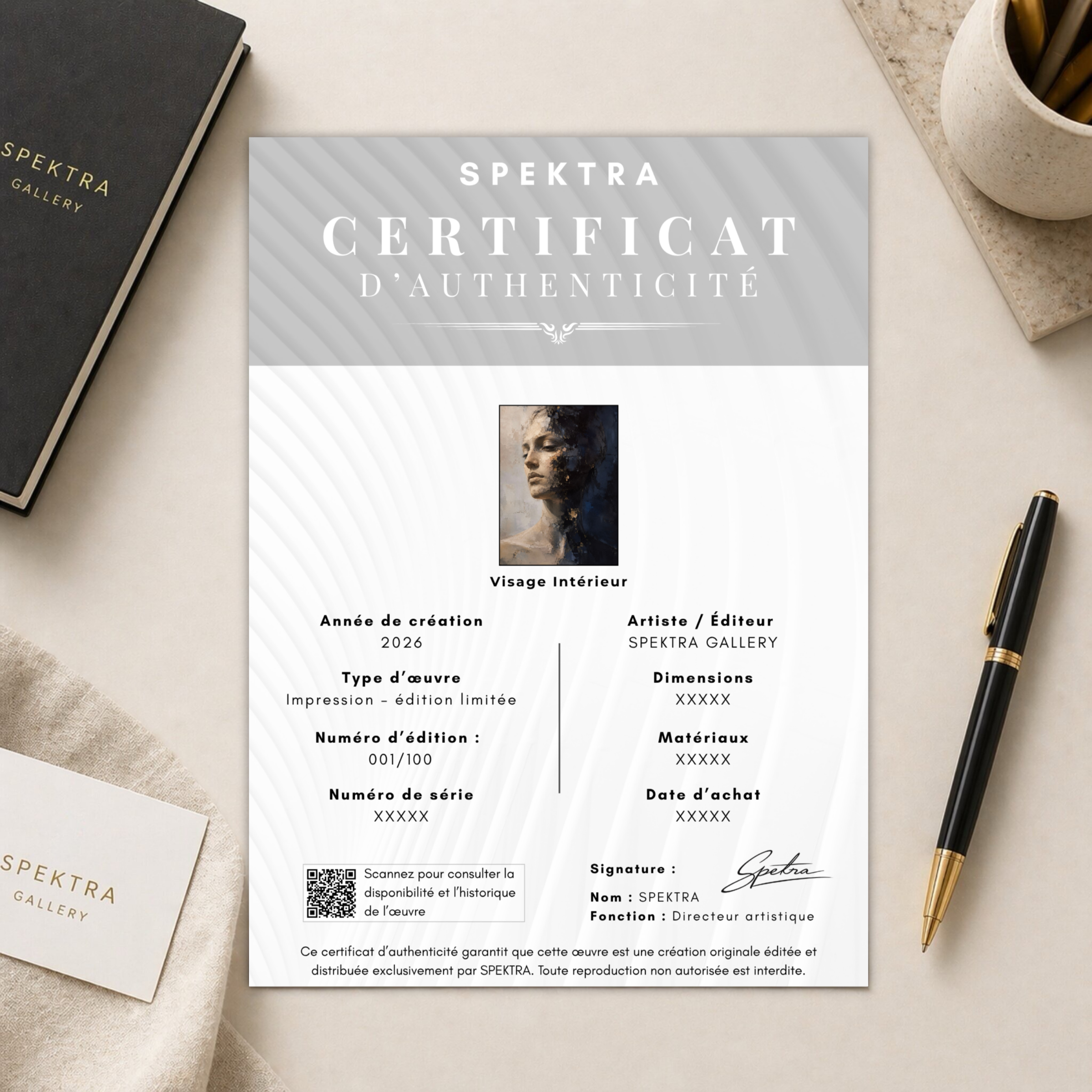 Certificat d’authenticité de l’œuvre Visage Intérieur, tableau portrait en édition limitée Spektra Gallery