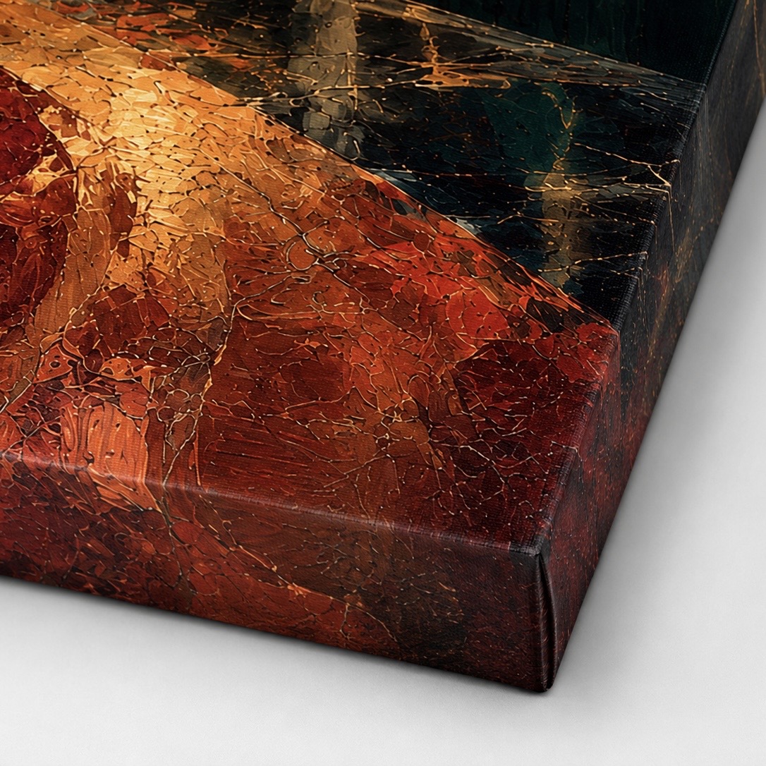Tableau bar Art déco – Minuit Palace, décoration murale élégante et rétro Gros plan sur la texture de la toile Minuit Palace avec nuances rouges, orangées, dorées et vert foncé