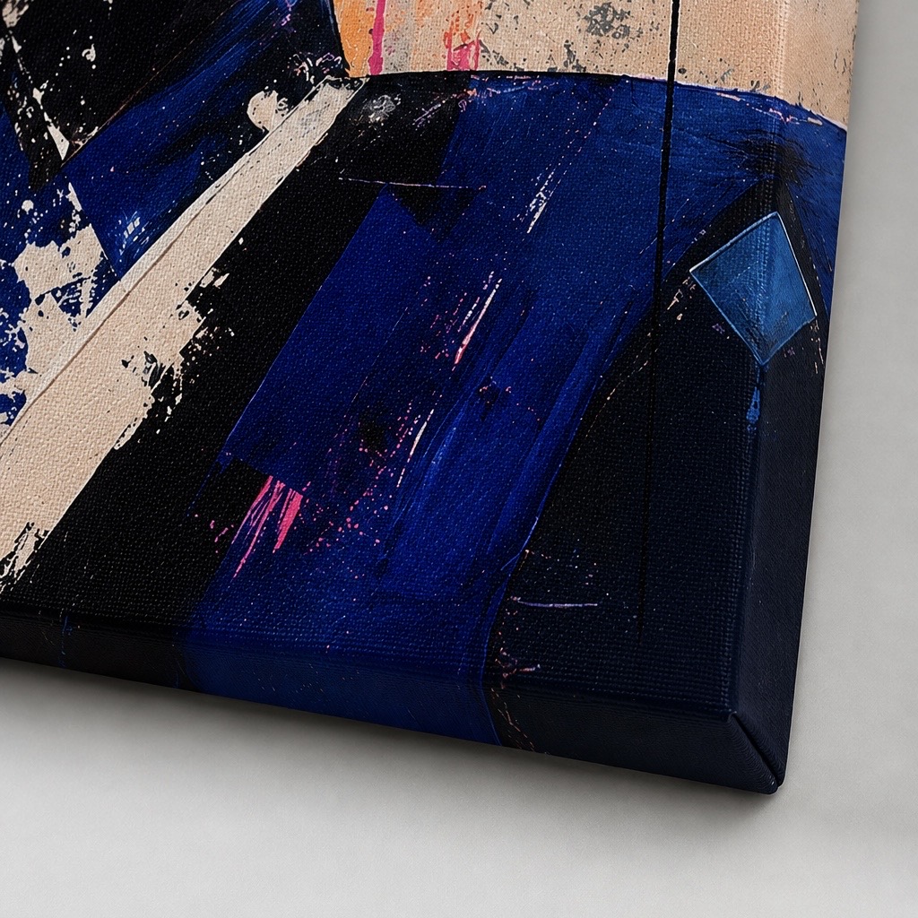 Gros plan sur la texture de la toile Aura Magnétique avec nuances bleu profond, noir, rose et beige