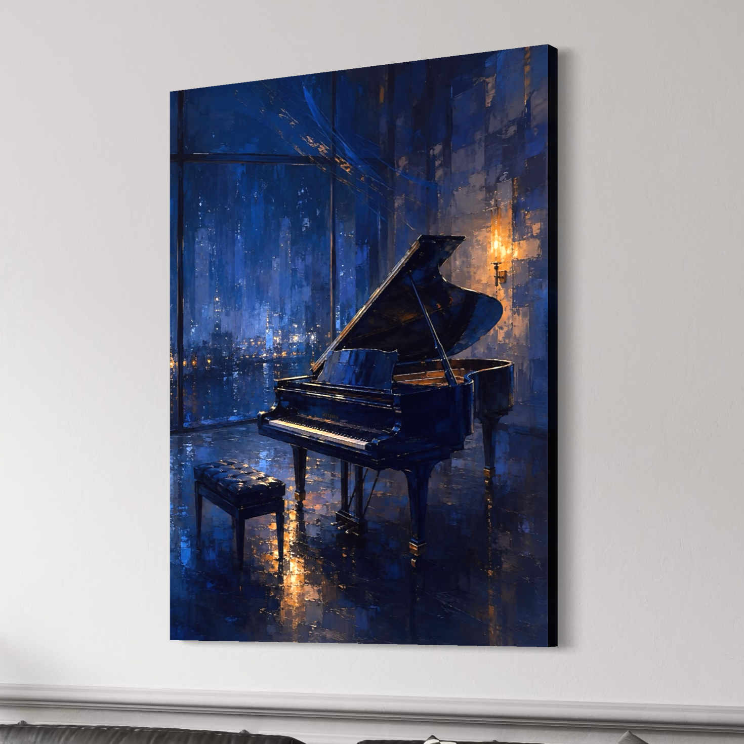 Tableau piano Piano Solitaire – décoration murale élégante et musicale Tableau Piano Solitaire sur toile vu en perspective, représentant un piano à queue noir dans une ambiance bleu nuit avec reflets dorés
