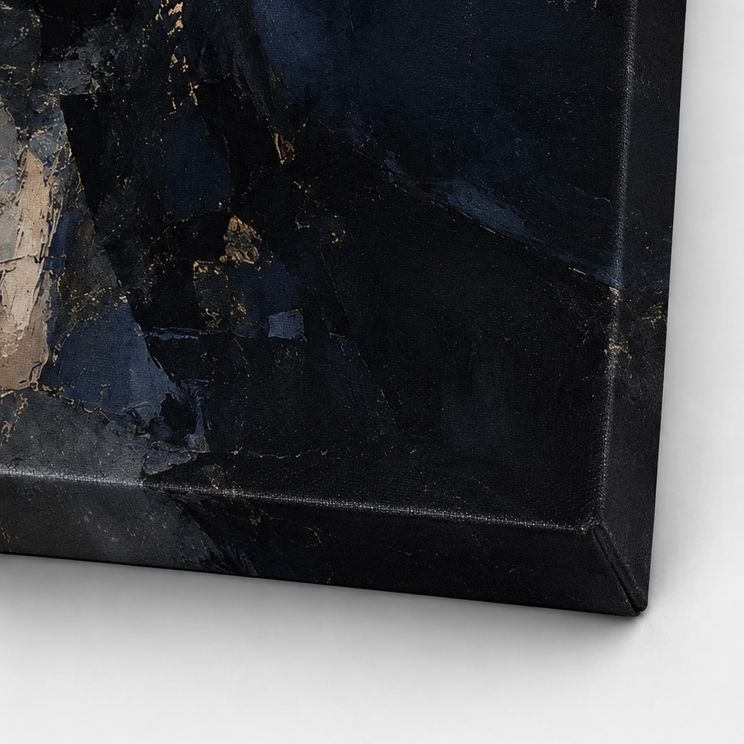 Gros plan sur la texture de la toile Visage Intérieur avec nuances bleu nuit, noir et touches dorées
