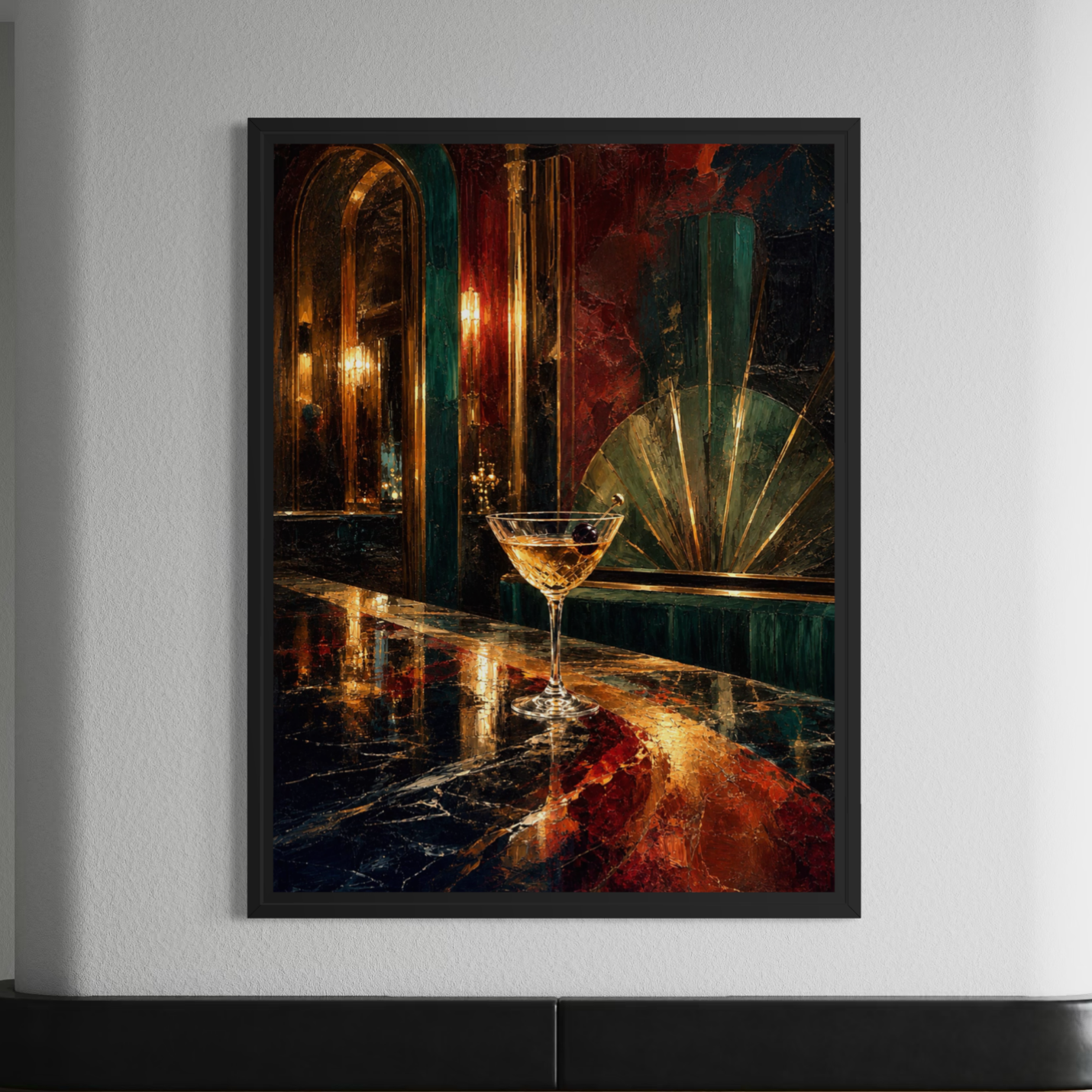 Tableau bar Art déco – Minuit Palace, décoration murale élégante et rétro Tableau Minuit Palace encadré en noir, représentant un cocktail dans un décor Art déco élégant
