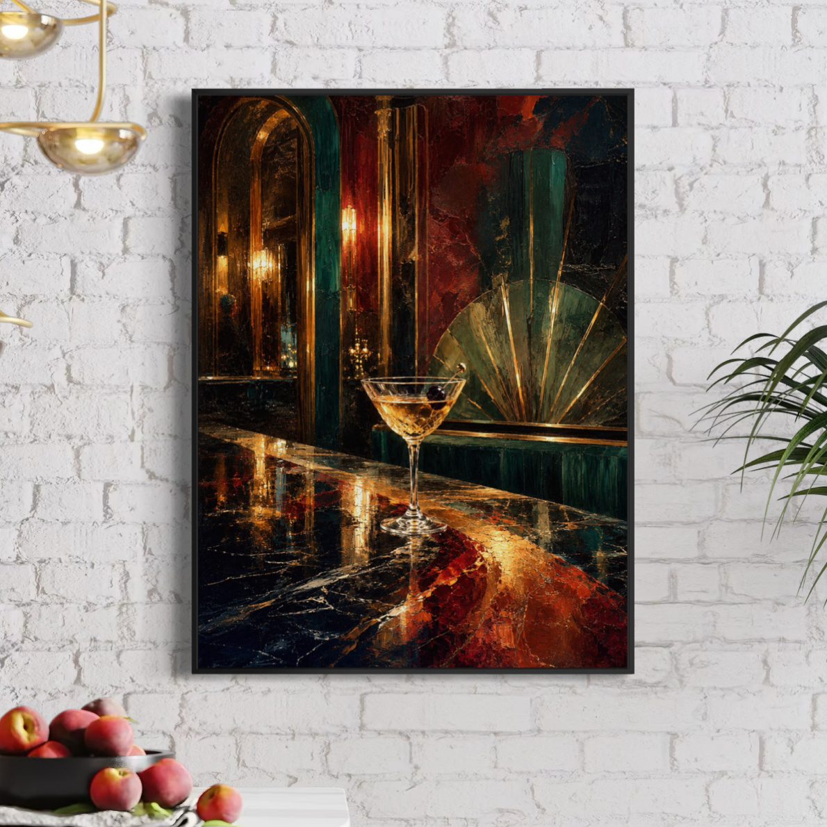 Tableau bar Art déco – Minuit Palace, décoration murale élégante et rétro Tableau Minuit Palace encadré dans une cuisine moderne sur mur en briques blanches