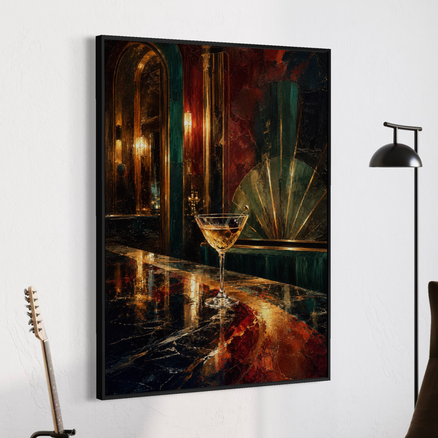 Tableau bar Art déco – Minuit Palace, décoration murale élégante et rétro Tableau Minuit Palace encadré en noir dans un intérieur contemporain avec ambiance Art déco